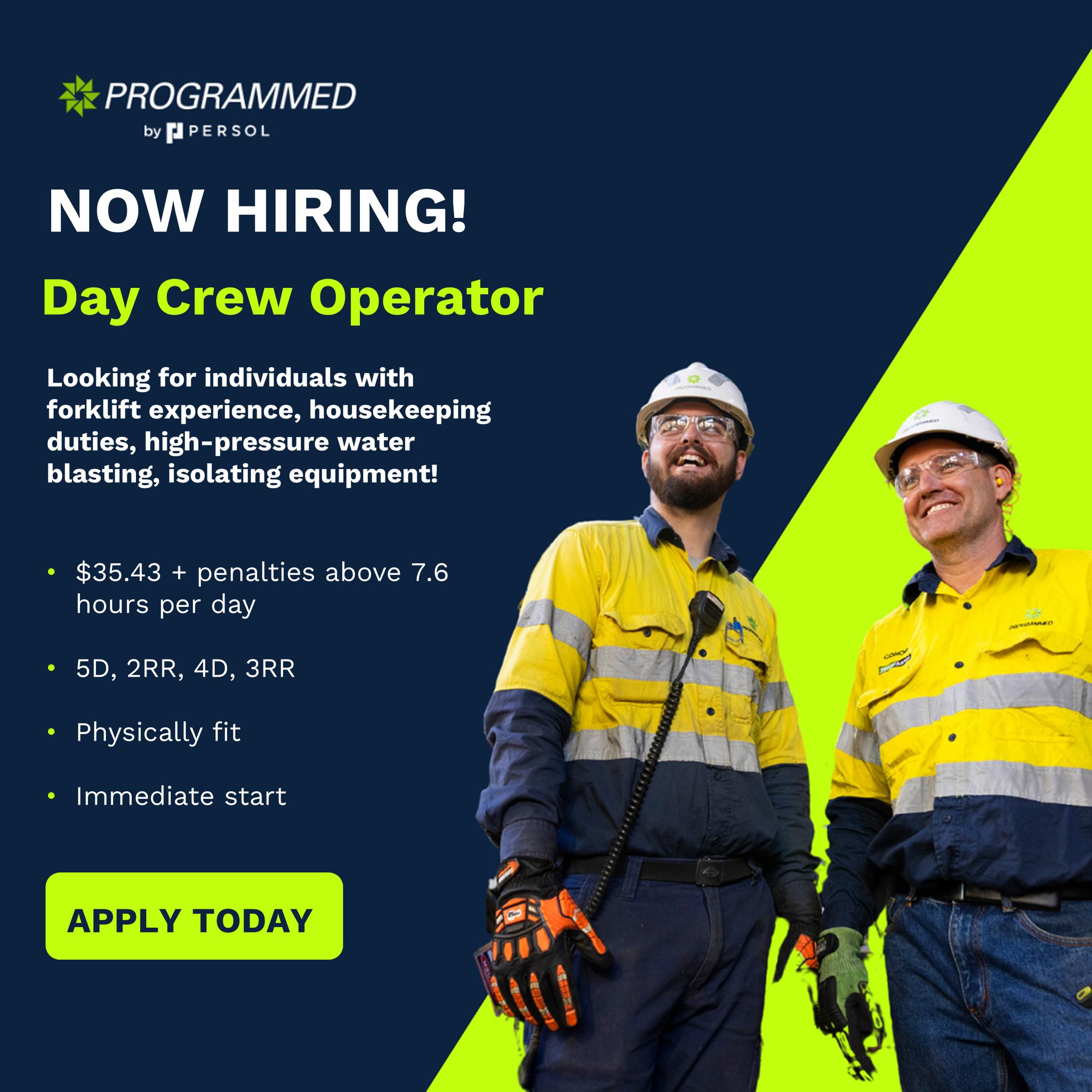 Programmed - 🚧 WE’RE HIRING – DAY CREW OPERATOR | KWINANA 🚧 APPLY NOW ...