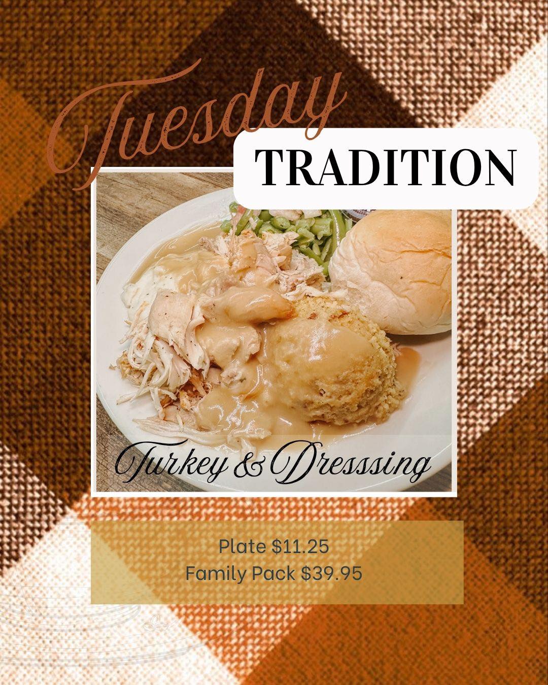 If your like me and more than ready for fall! Come grab a turkey and dressing plate! It's my favorite special at Granzin's BBQ and gives me all the cozy fall feels!
