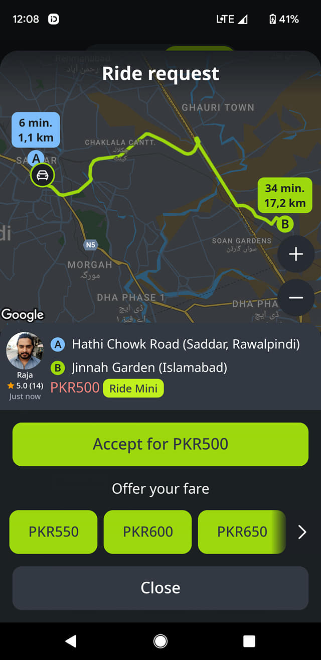 inDrive Pakistan | 17.2 km ka 750 maximum fare