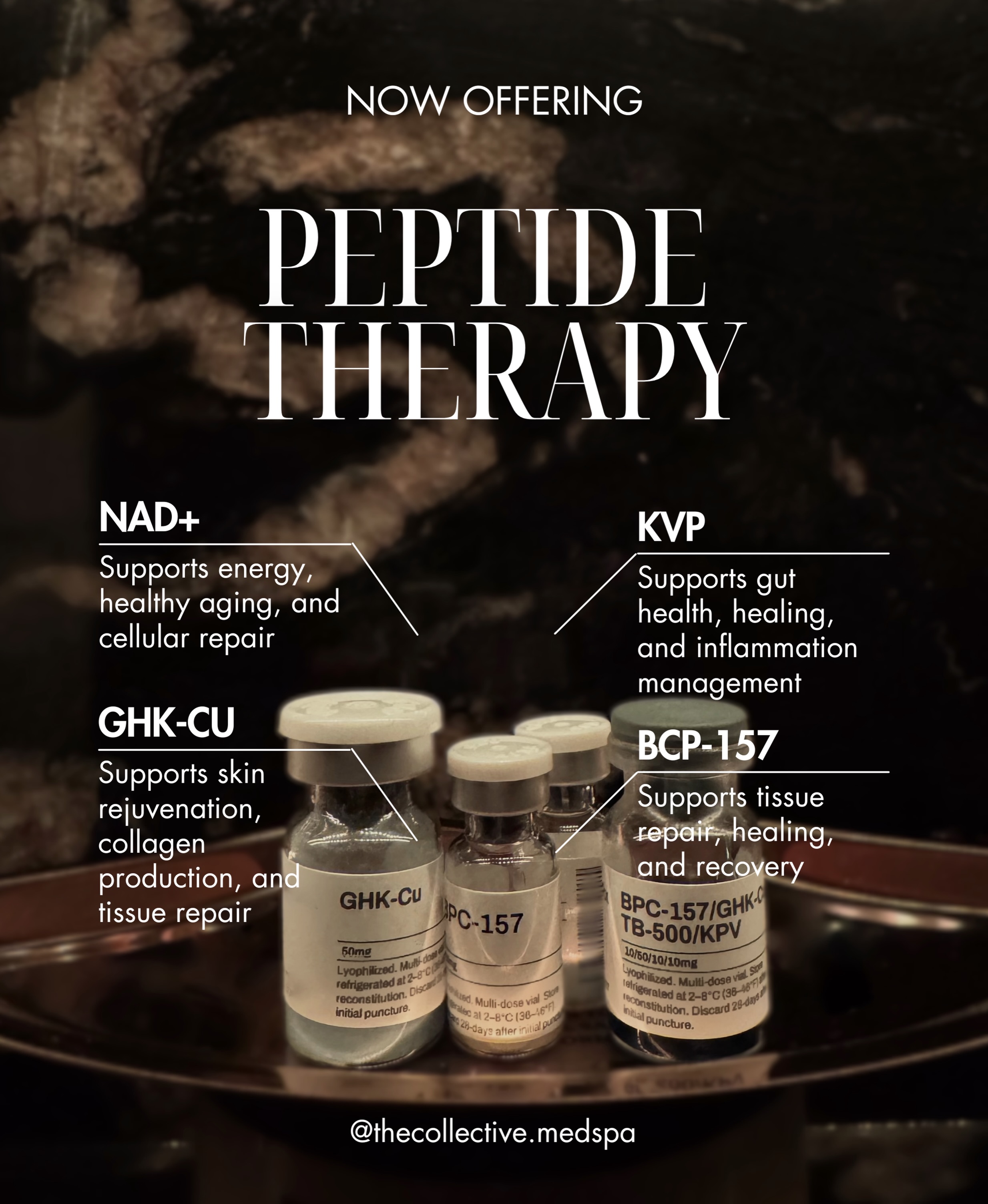 nad and ghk-cu Now offering peptide therapy at The Collective. ✨ We're excited to introduce peptide therapy with a carefully selected starting lineup of NAD+, GHK-Cu, KPV, BPC-157. We also offer specialty peptide blends B12 Injection Aftercare and