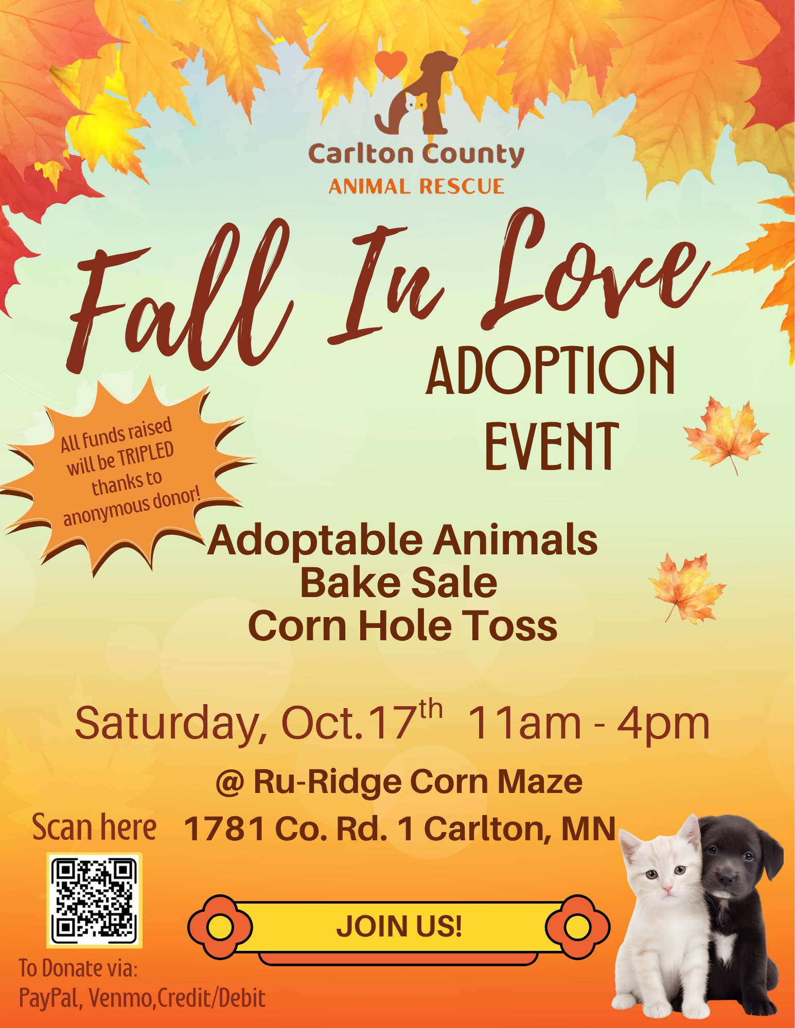 Fall in Love Adoption Event CCAR @ Ru-Ridge MEA Weekend!