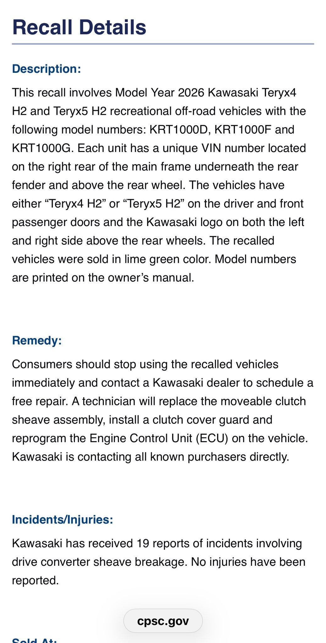 2026 Kawasaki Teryx H2 recall notice for drive converter sheave issue