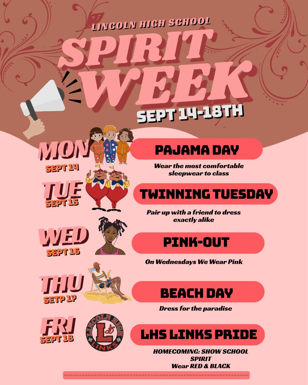 homecoming spirit week dress up ideas Get ready, Links! starts Monday, September 14. Here is the lineup for dress-up days planned by Student Council: Monday (9/14): Pajama Day – Wear your comfortable sleepwear to class custom_CLUB DRESSES