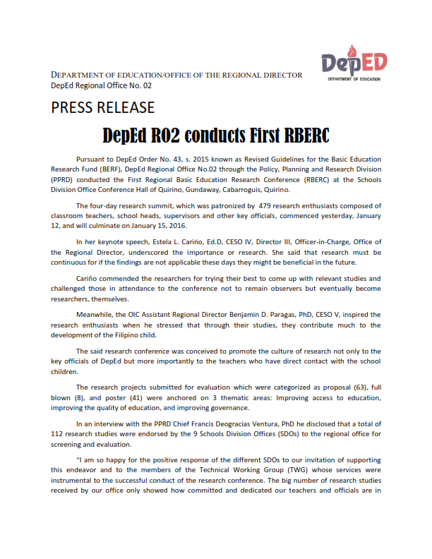 NEWS! DepEd RO2 conducts First RBERC... - Dep Ed Region 02