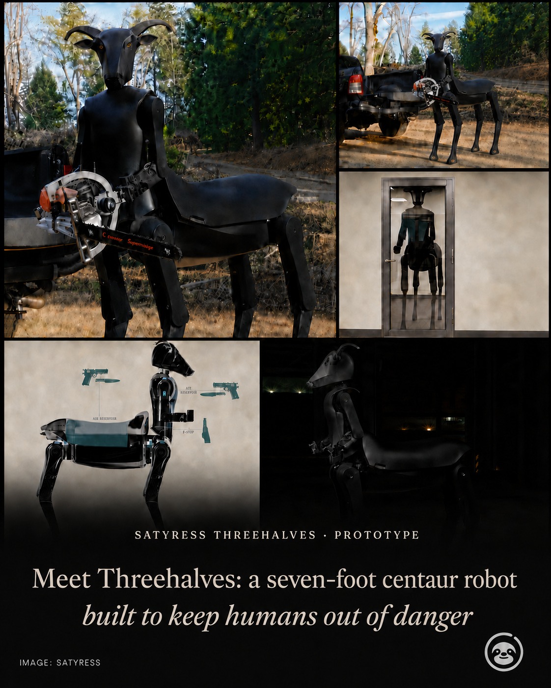 A seven-foot robot with a humanoid torso, goat-like head and four