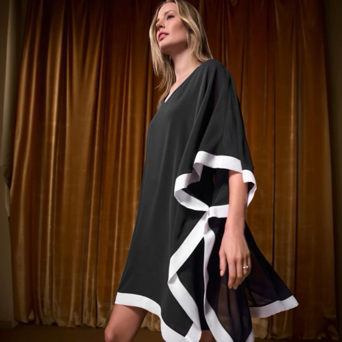 Joseph Ribkoff's signature overlay dress with chiffon and vanilla contrast border