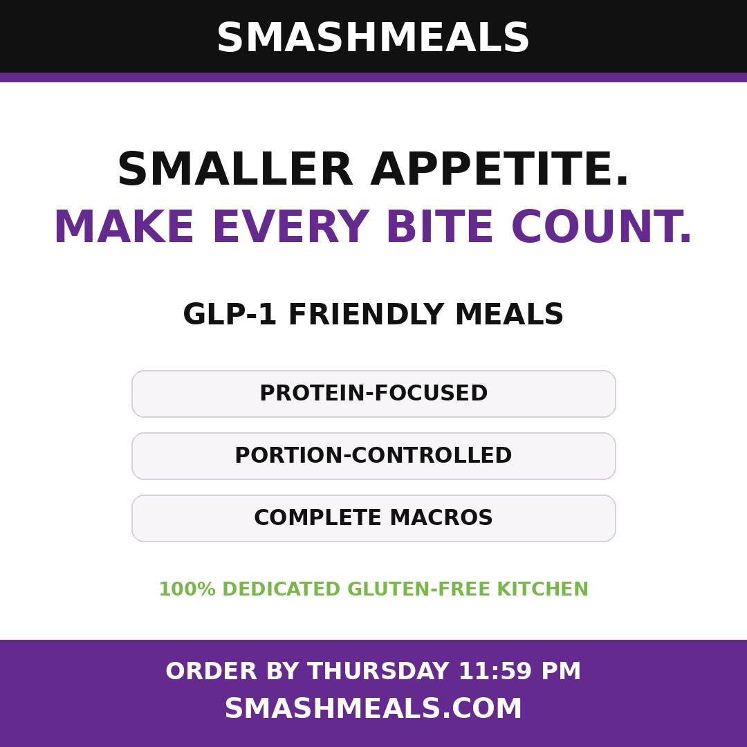 ipamorelin make you hungry On GLP-1 and ready to every bite count? SMASHMEALS crafts GLP-1 friendly, protein-focused, portion-controlled meals with complete macros, all from a 100% dedicated gluten-free kitchen. Order by Thursday 11:59 PM and Metagenics Ultra Potent-C Vitamin protection Flavours:Original