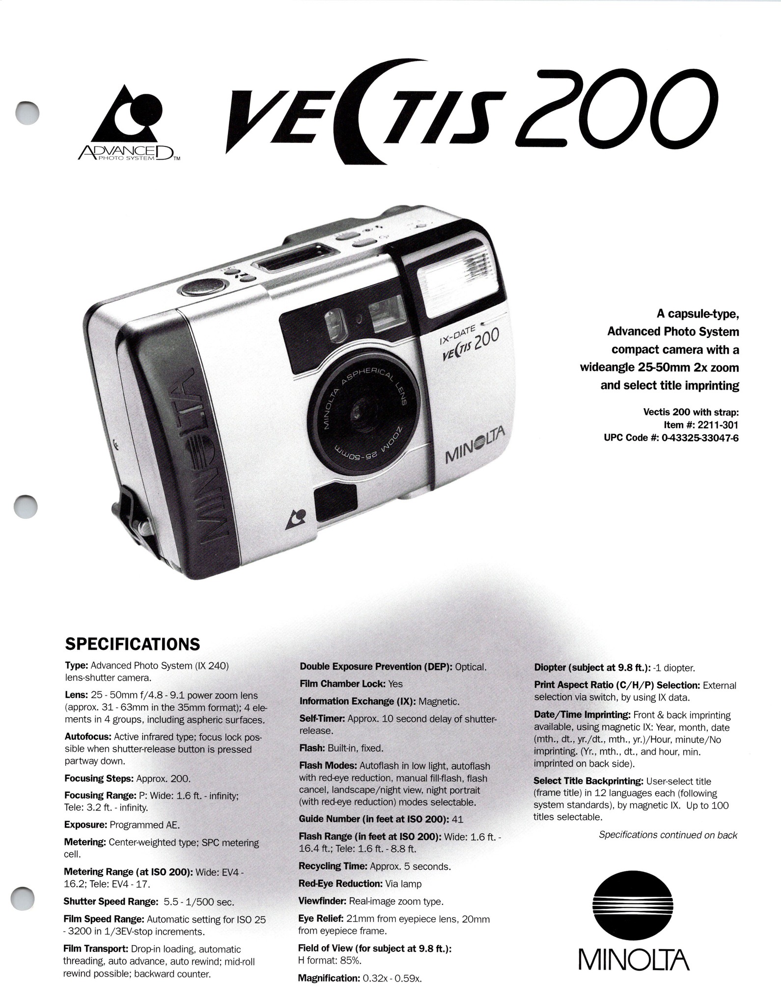 aoto u様 Minolta Vectis 100BF camera specifications and literature