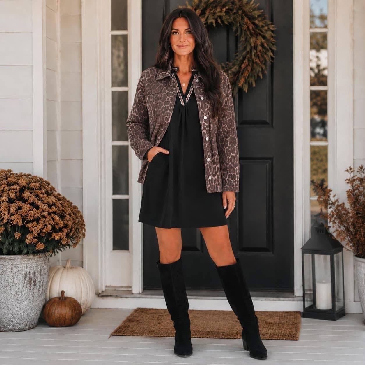 Black Contrast Trim V Neck Mini Dress Oversized Leopard Denim jacket