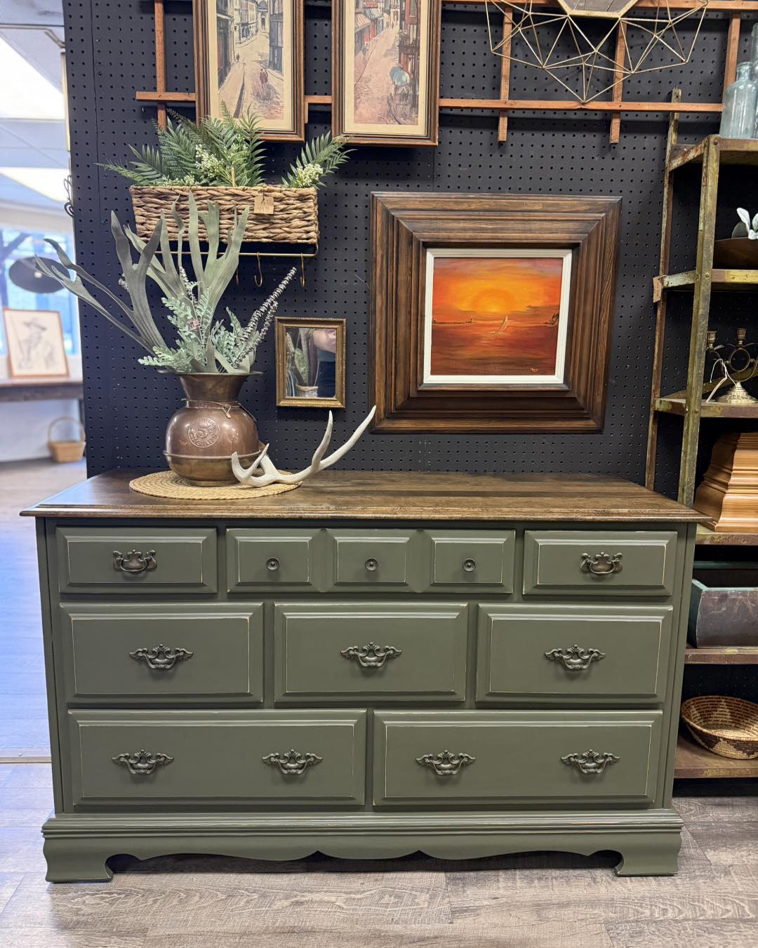This long, low green dresser just rolled in, and that natural wood top is the perfect finishing touch. The size gives you plenty of storage, perfect for a bedroom, entry, or anywhere