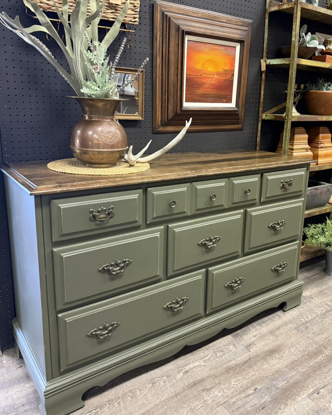 green long dresser This long, low just rolled in, and that natural wood top is the perfect finishing touch. The size gives you plenty of storage, perfect for a bedroom, entry, or anywhere dark green dresser