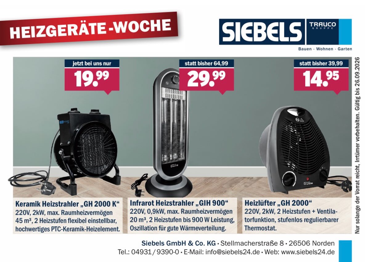 🔥🔥 HEIZGERÄTE-WOCHE bei Siebels! 🔥🔥 🥶 Wenn es draußen langsam ungemütlich wird, wird es Zeit für kuschelige Wärme! 🏠❤️‍🔥 Wir haben gleich 3 praktische Heizlösungen für euch im Angebot! 👇😎 🔥 Keramik