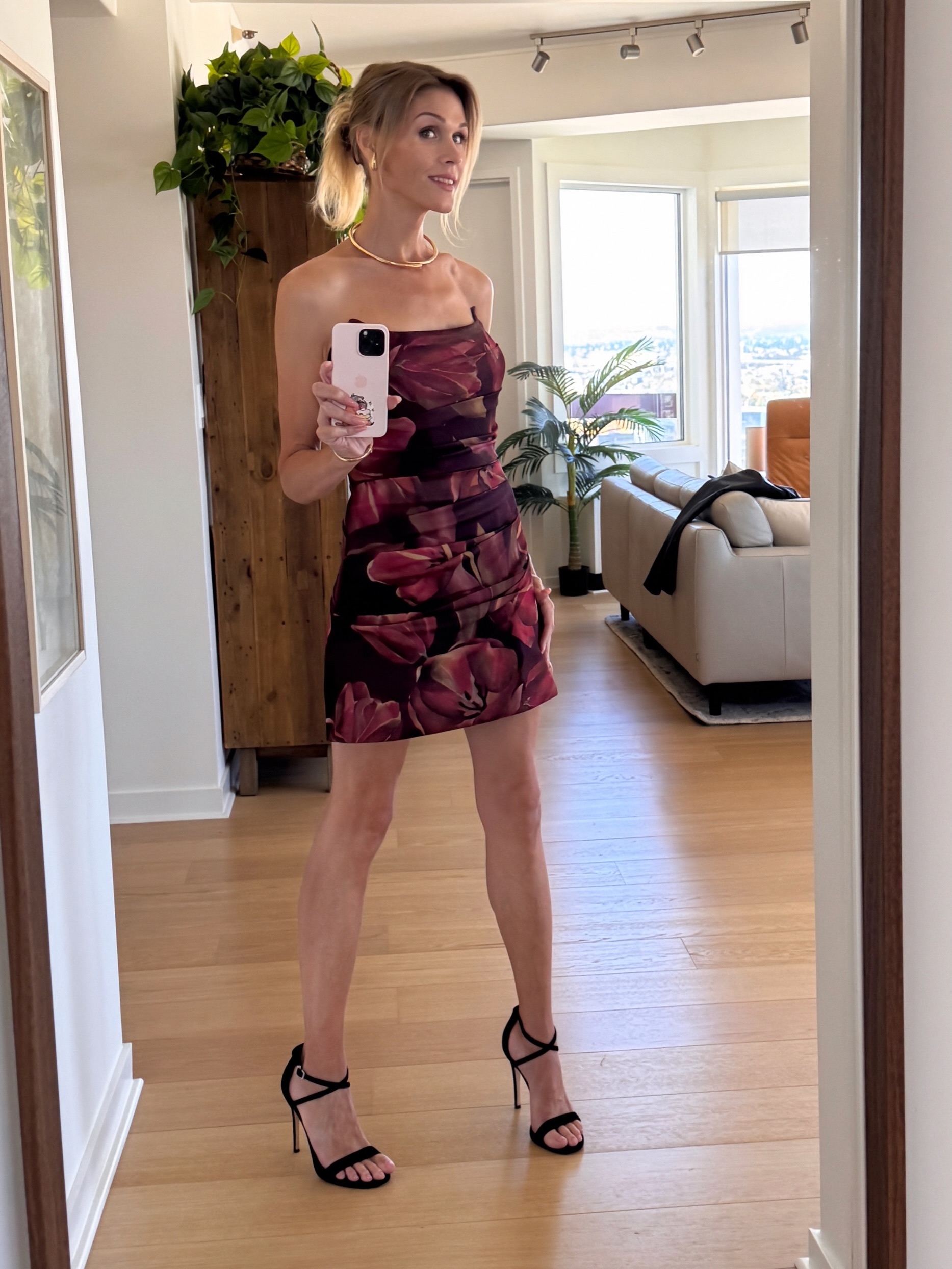 Dressing up in sf style with leather jacket and mini dress