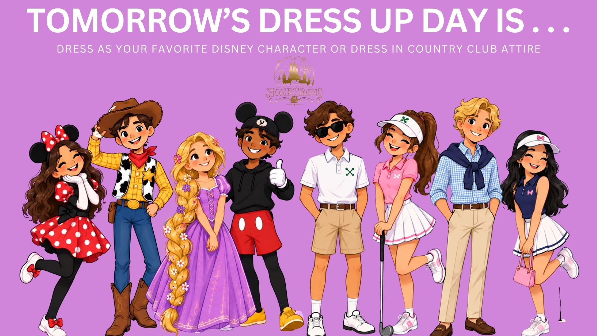 disney dress up day homecoming THEME FOR WEDNESDAY: DRESS AS YOUR FAVORITE CHARACTER OR DRESS IN COUNTRY CLUB ATTIRE * * * * * * * * * * * Hallsville students are disney character day spirit week ideas