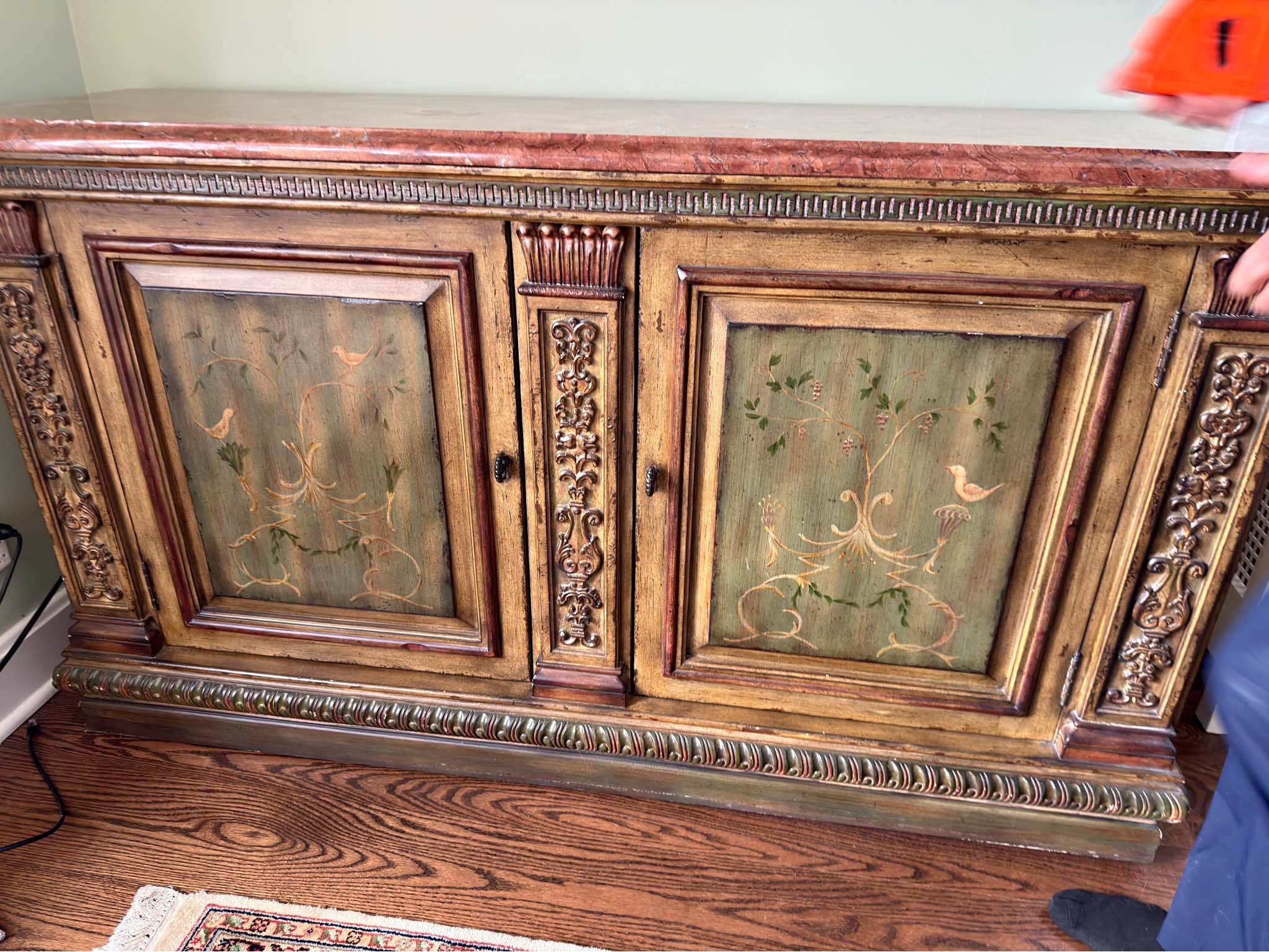 Gorgeous Hand-Painted Credenza with Marble Top — Carved wood, bird