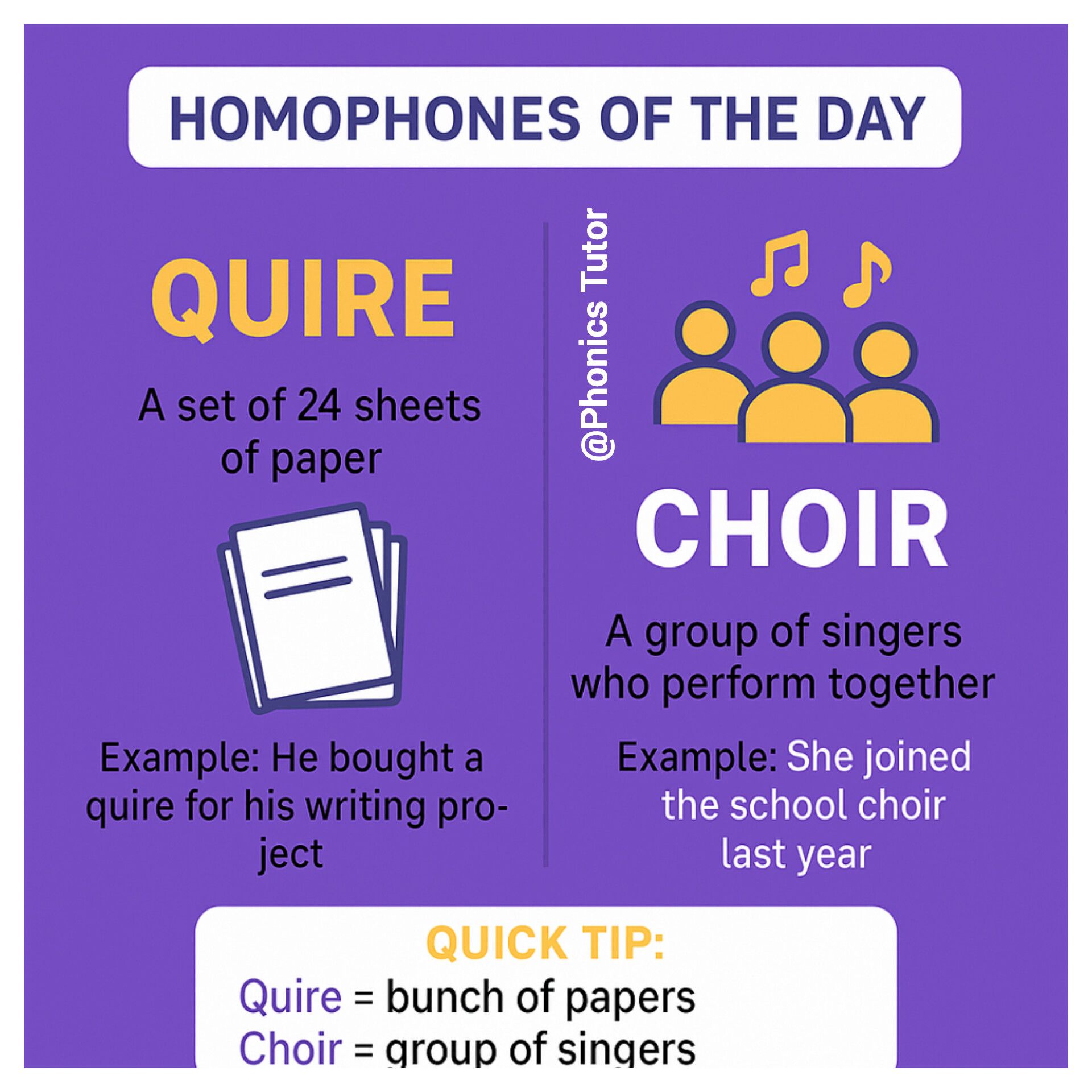 Phonics Tutor - Homophones of the Day: Quire vs. Choir... | Facebook