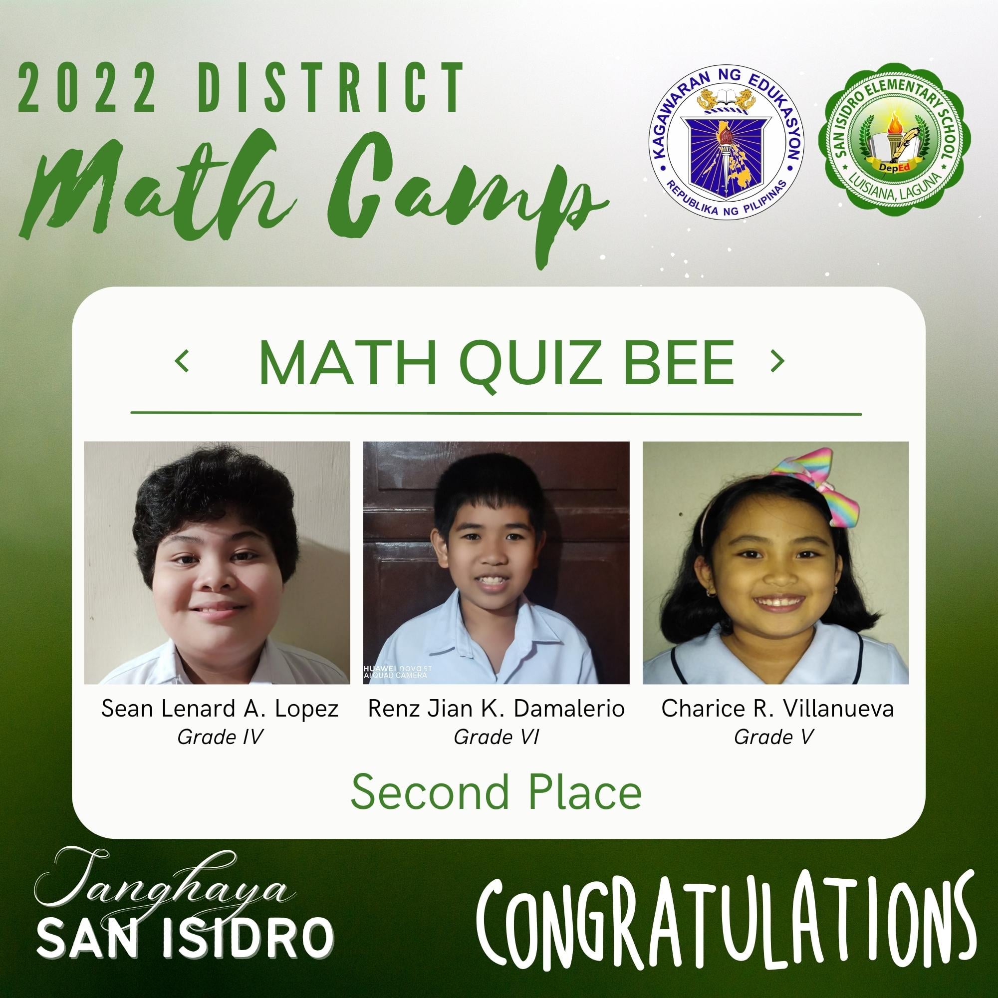 DepEd Tayo San Isidro ES - Laguna - MATH QUIZ BEE 2ND PLACE Sean Lenard ...