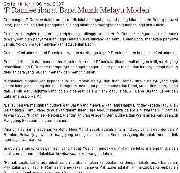 Belasungkawa Selebriti Berita Harian 06 Mac 2007 P Ramlee Ibarat Bapa Muzik Melayu Moden Sumbangan P Ramlee Dalam Arena Muzik Ialah Sebagai Penyanyi Piring Hitam Dalam Filem Penyanyi Latar Pencipta