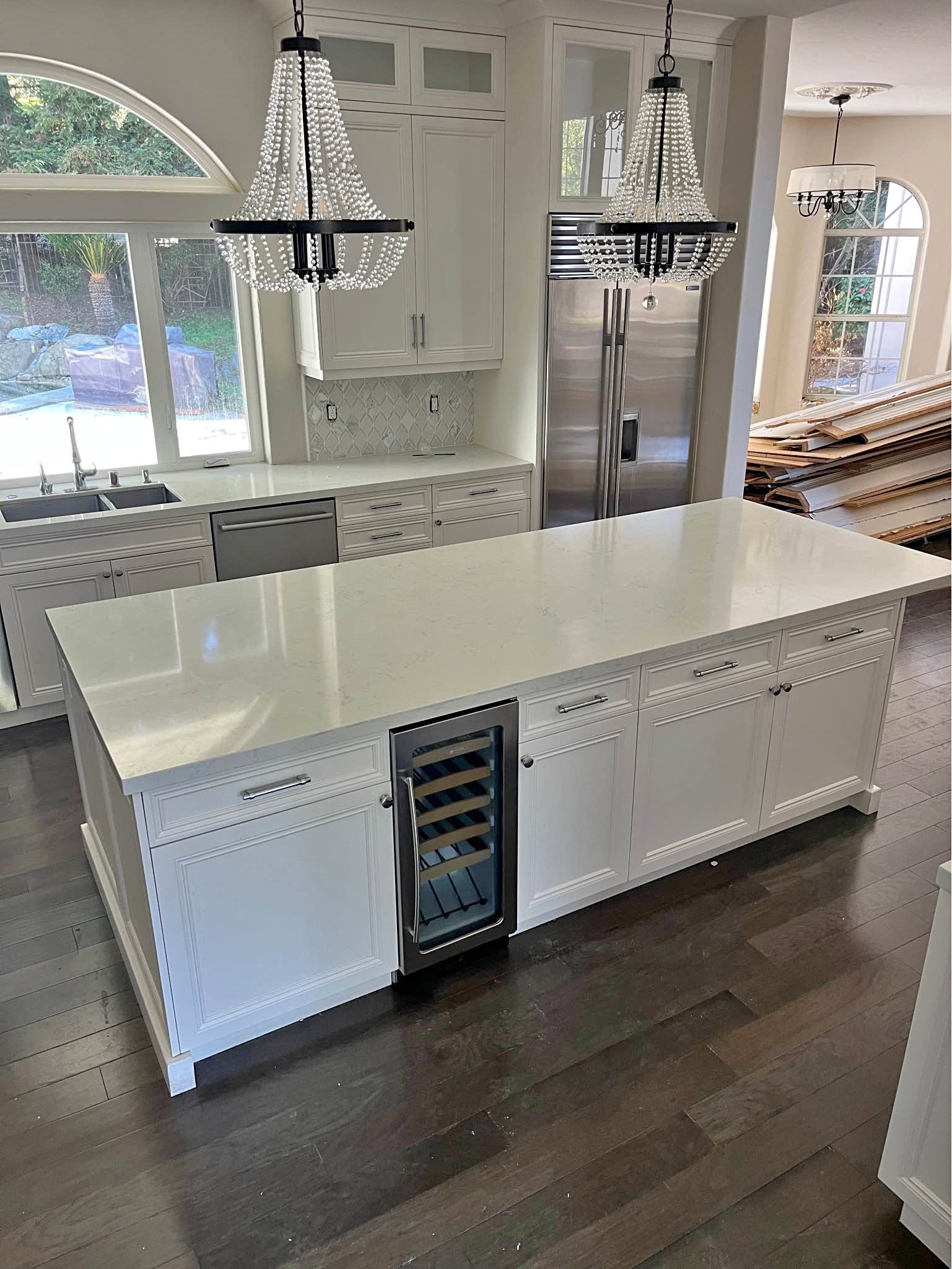 Large 10ft Kitchen Island Quartz Countertop White Cabinets - Kitchen