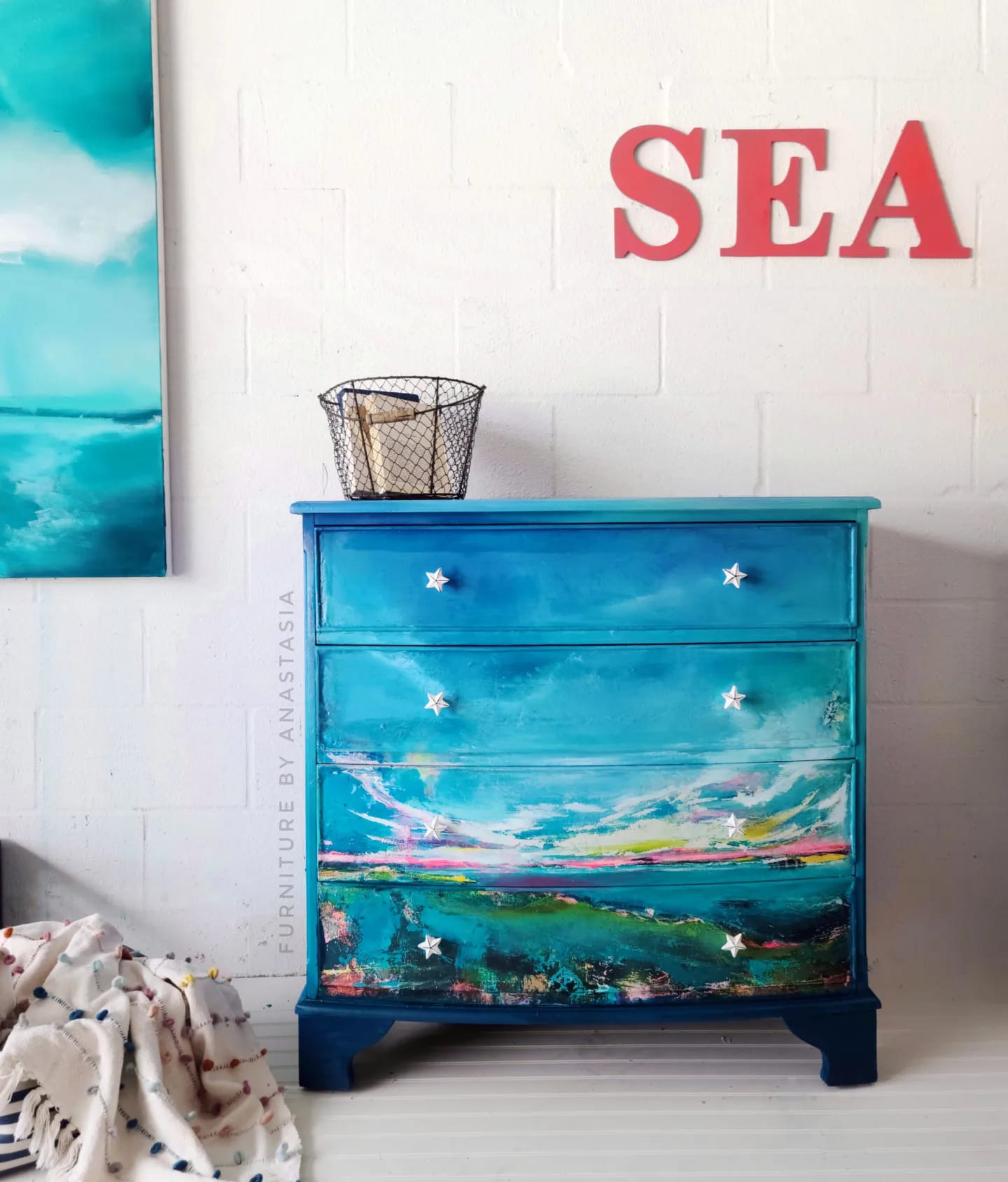 Coastal themed DIY dresser makeover with paintable beadboard wallpaper