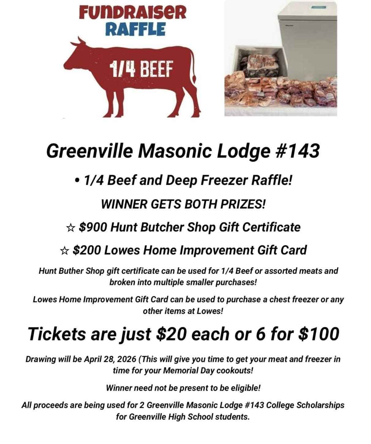 Greenville Masonic Lodge 1/4 Beef and Deep Freezer Raffle! WINNER GETS ...