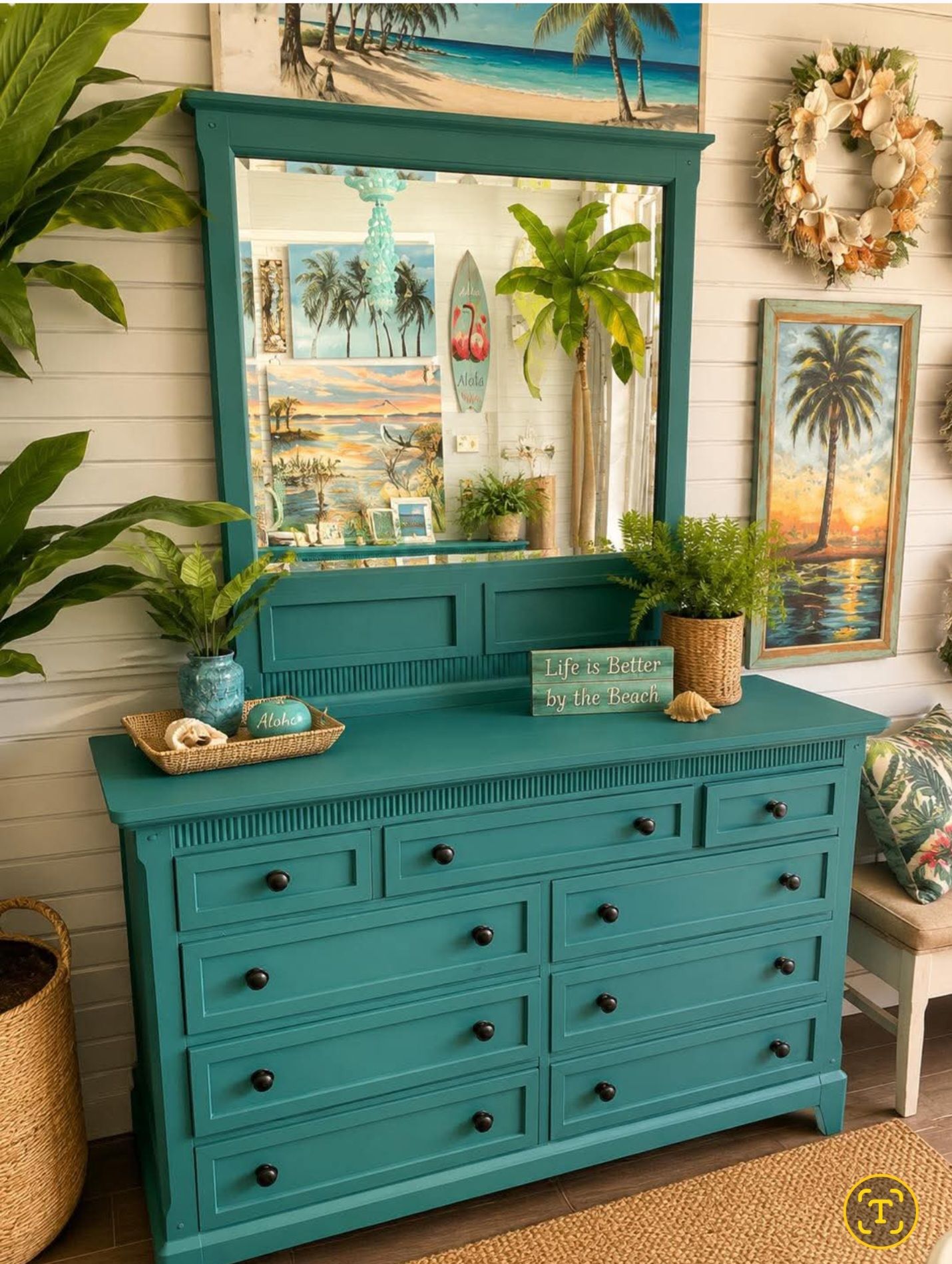Hand-painted coastal dresser for sale at The Salty Mermaid Art Gallery