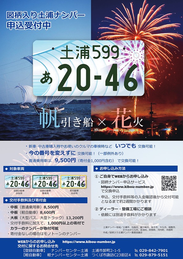 図柄入り土浦ナンバー 申込受付中！】 デザインは帆引き船と花火です