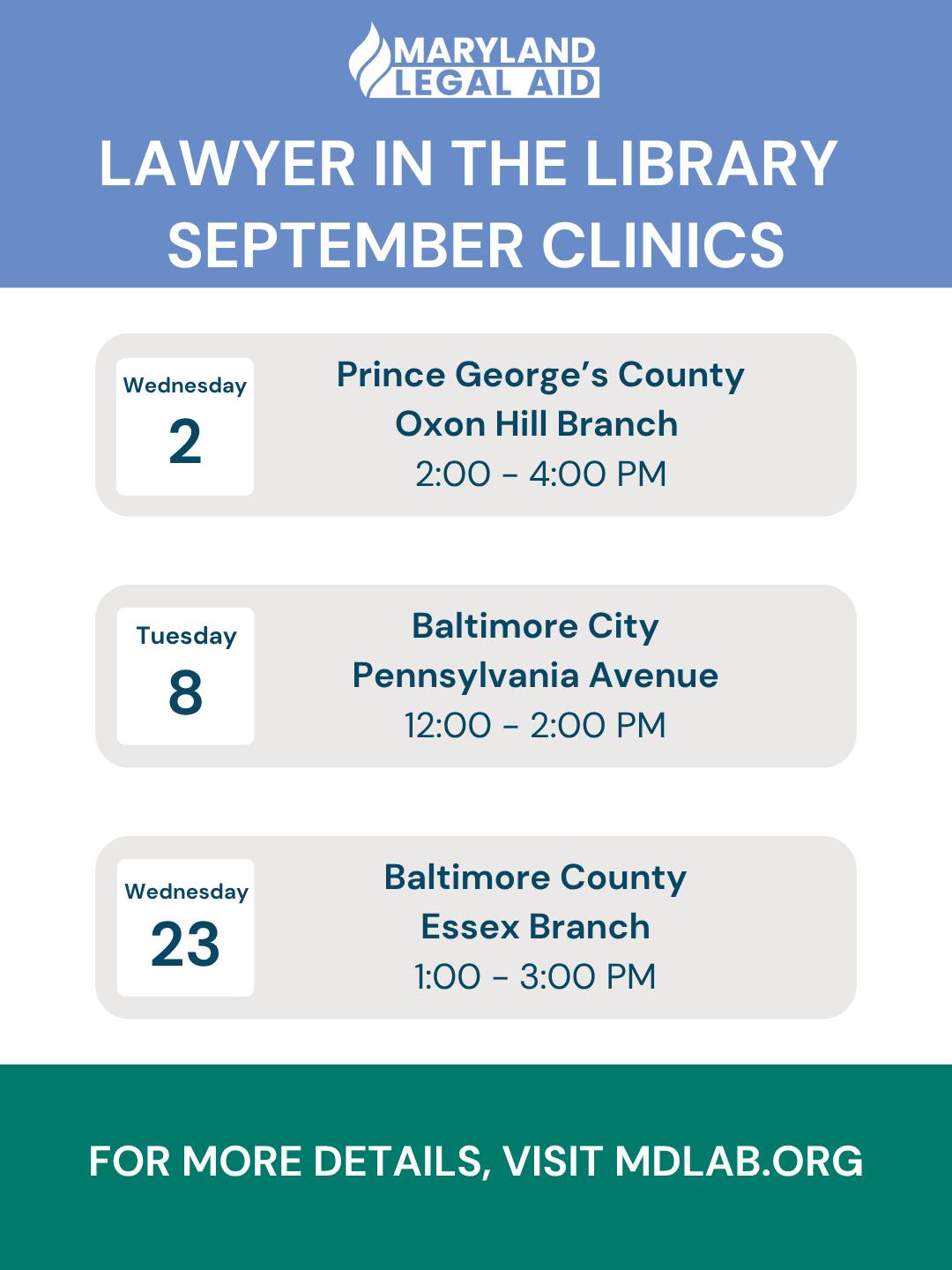 Maryland Legal Aid September Clinics Schedule