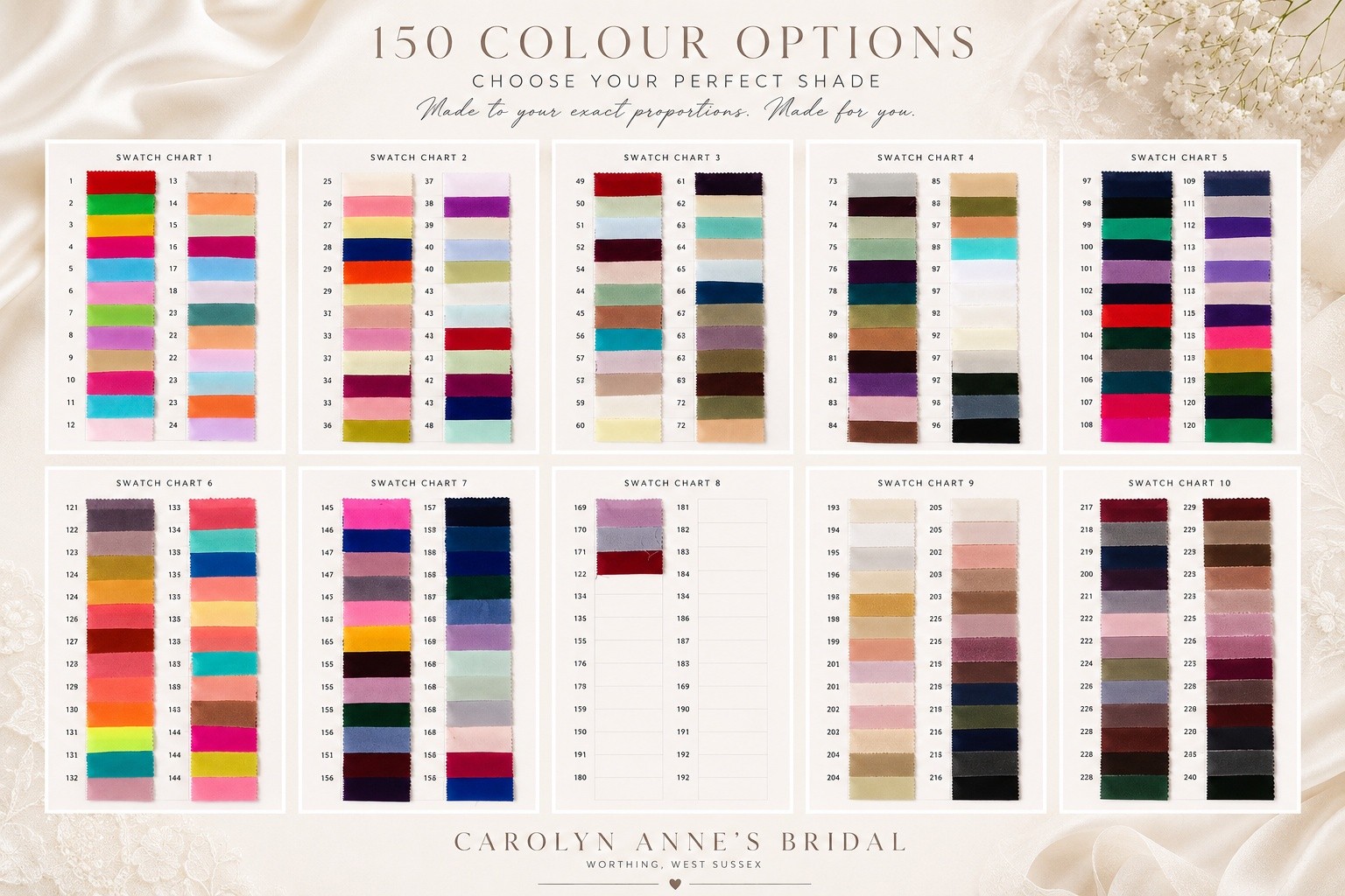color chart for bridesmaid dresses We provide here in Worthing, Sussex 171 colours available Bespoke and custom options Made to proportions to limit alterations 3 months production time Try on lots of styles in various then write the color(s)