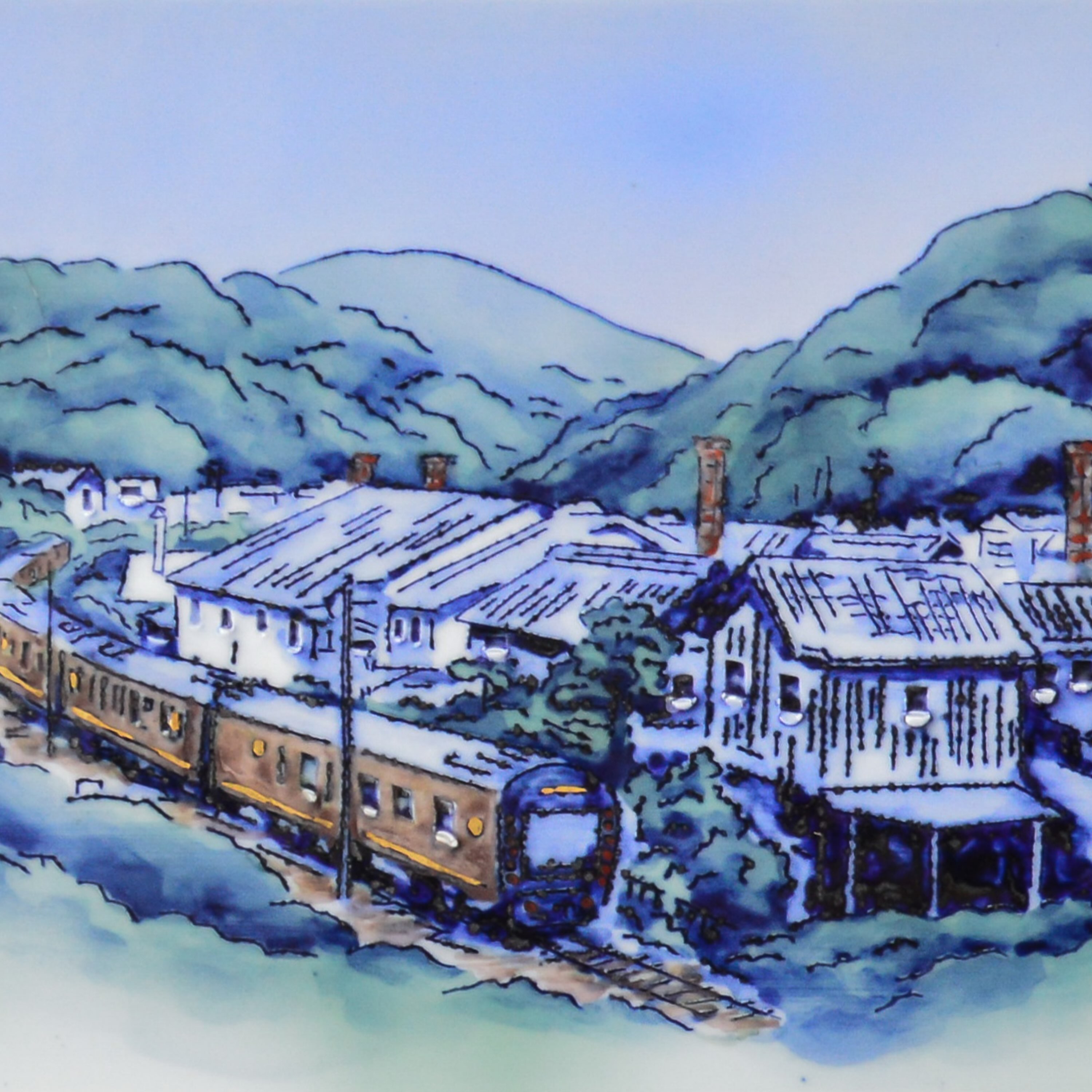 線刻陶額「有田風景」辻聡彦 作 Senkoku(line-carved) ceramic