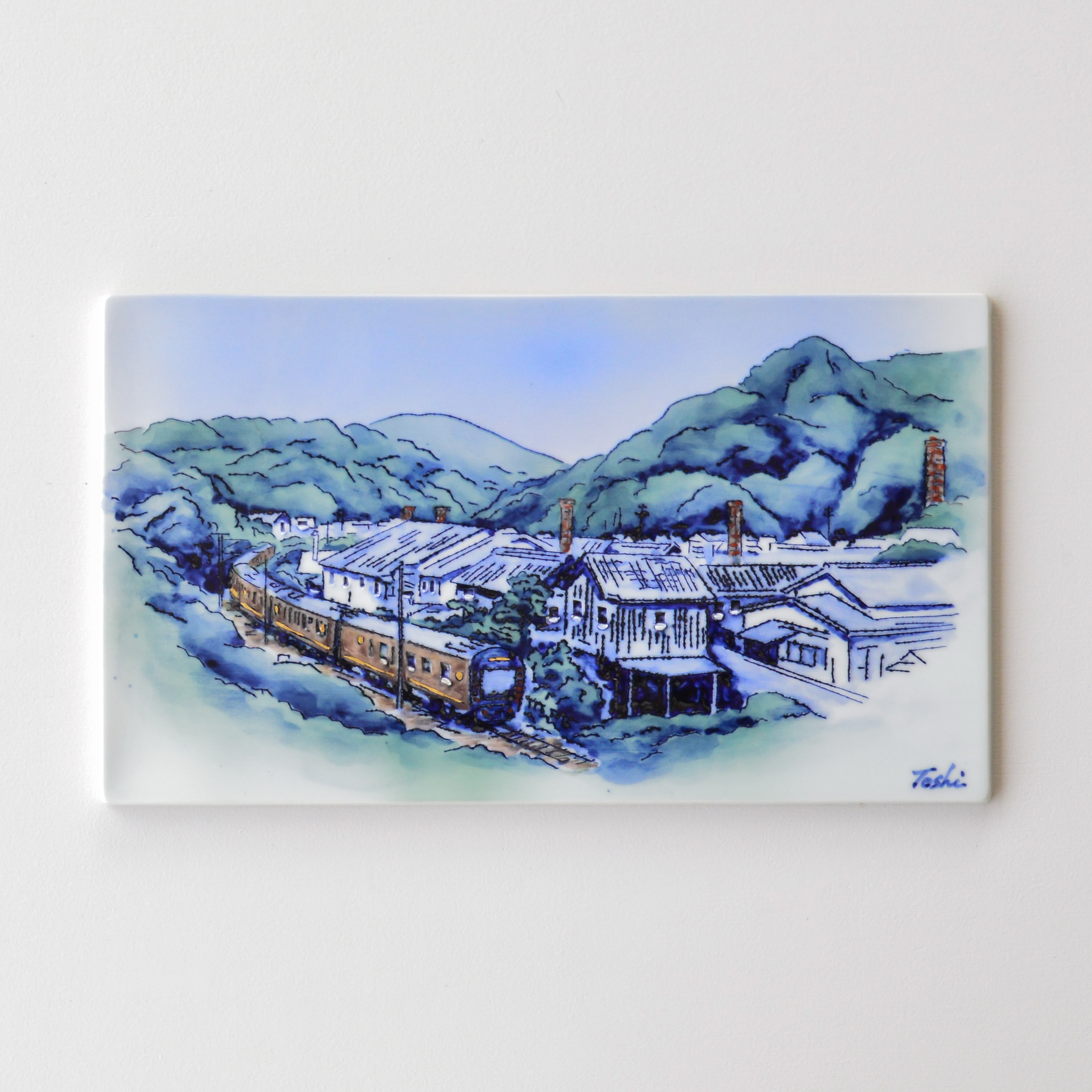 線刻陶額「有田風景」辻聡彦 作 Senkoku(line-carved) ceramic