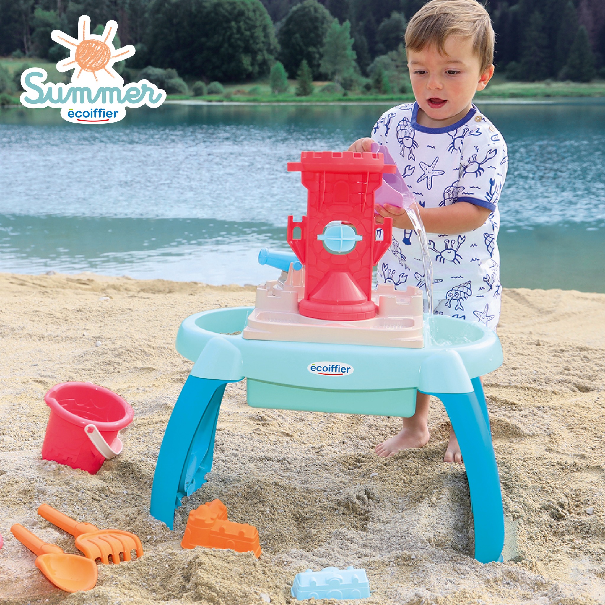 Ecoiffier - Chariot de Plage Enfant avec Poignée Directionnelle - Seau Arrosoir Moules Véhicule Inclus - Dès 18 Mois - Jouet pour Enfant - 524 - Garantie France Origine