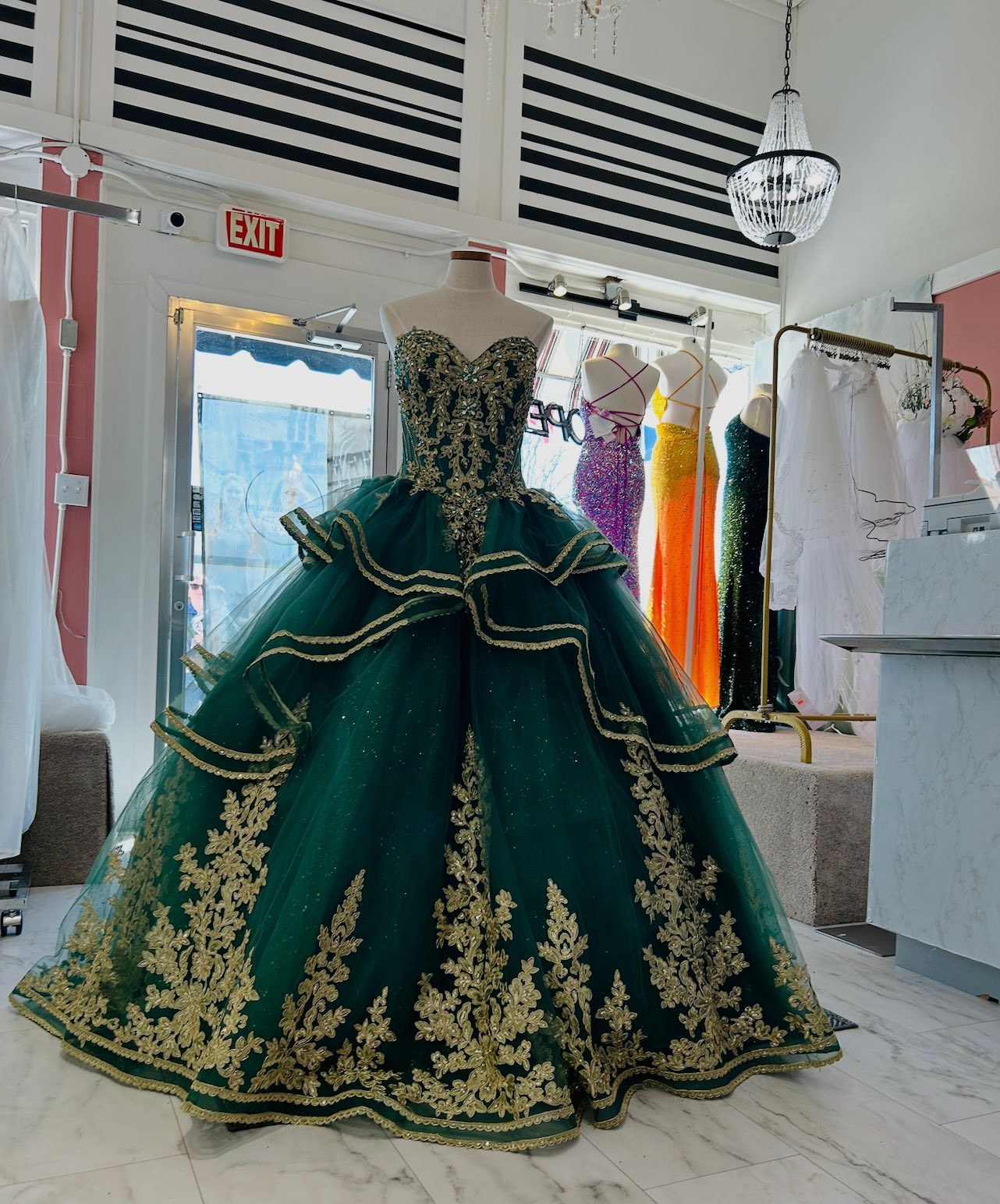 quinceanera dresses emerald green and gold 👑✨ Quinceañera princess moment! ✨👑 Fall in love with this stunning ball gown featuring a beautiful color with gorgeous details that will make you shine on your special day Dresses on Sale