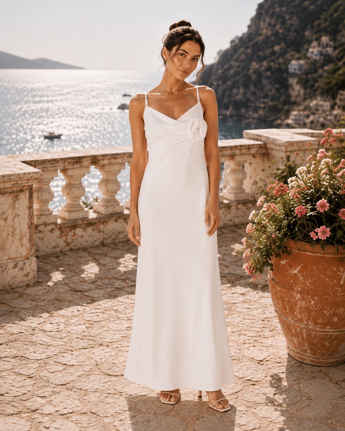 A little white dress moment, with an Italian view to match. 🤍 The Gala Maxi brings effortless elegance from seaside afternoons to sunset dinners. #MustBoutique #MaxiDress #EuropeanStyle #AmalfiStyle #EffortlessFashion