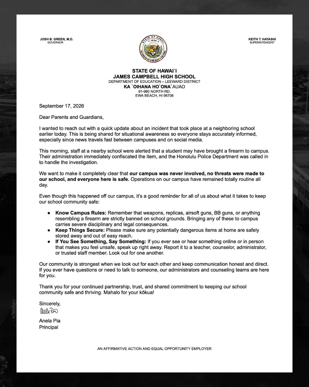 James - Aloha Campbell High Ohana, please see the following parent