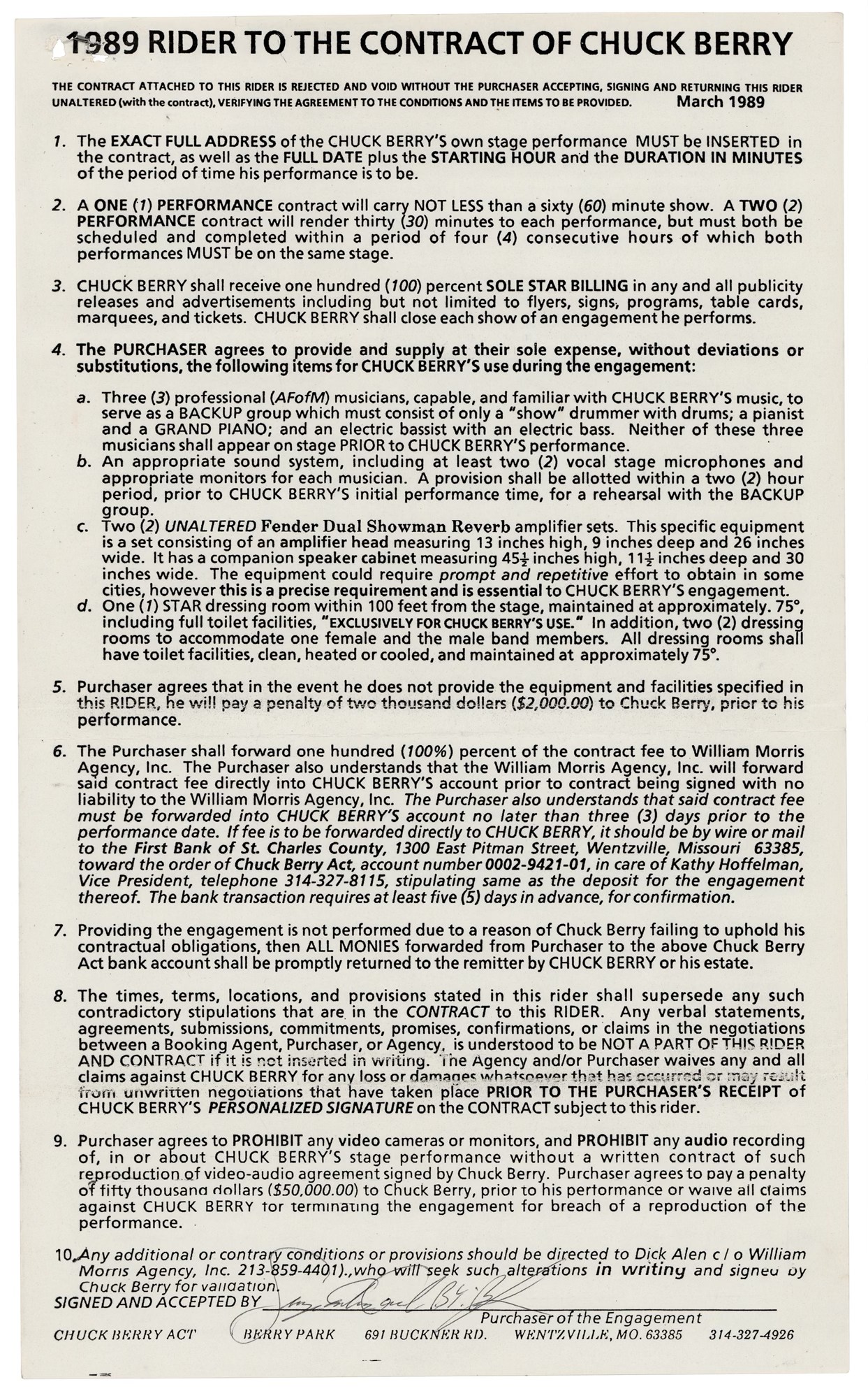 Rob - Chuck Berry's contract/rider. I was his piano man for some 1980's ...