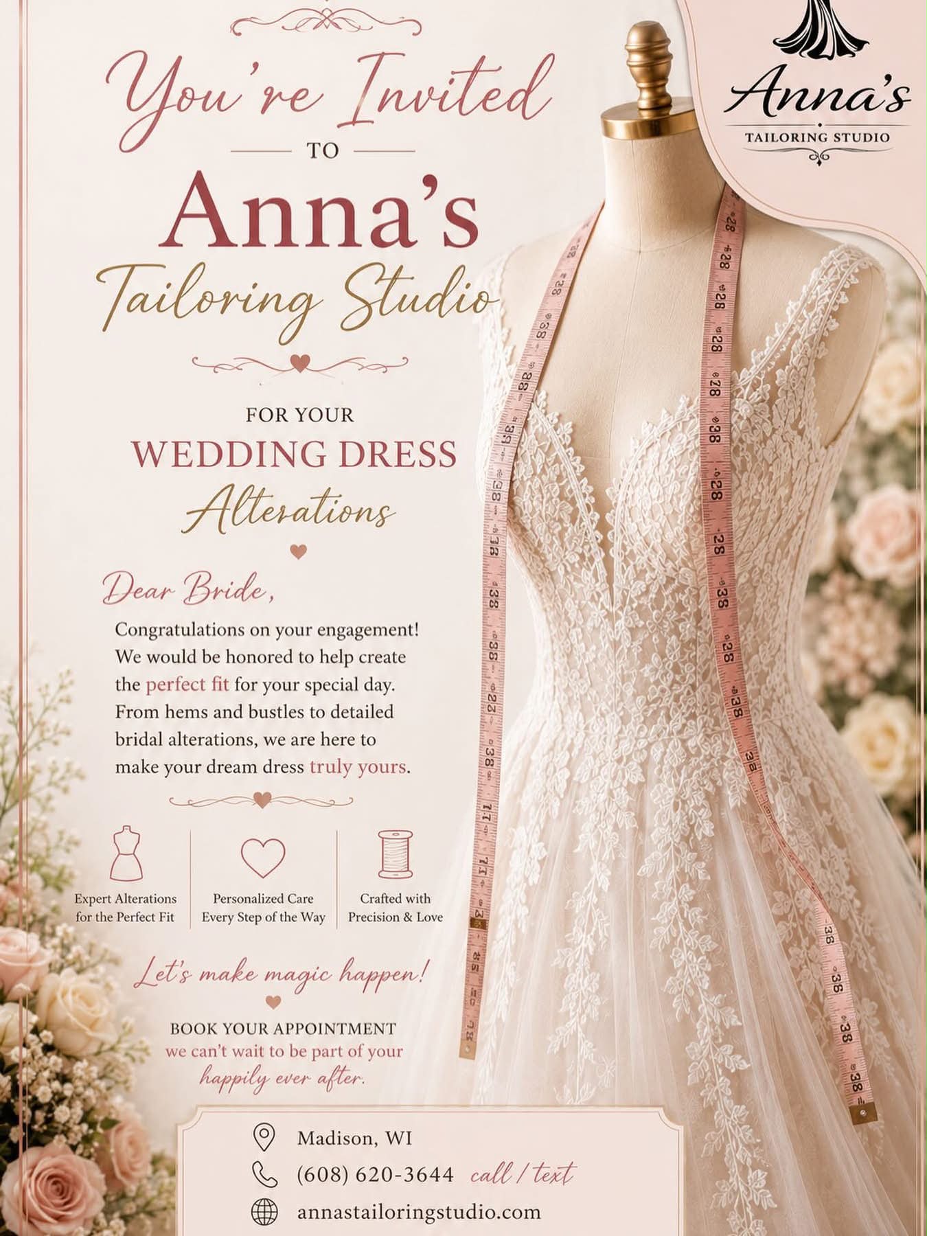 Anna's Tailoring Studio in Madison, WI offers 2027 wedding dress alterations bookings