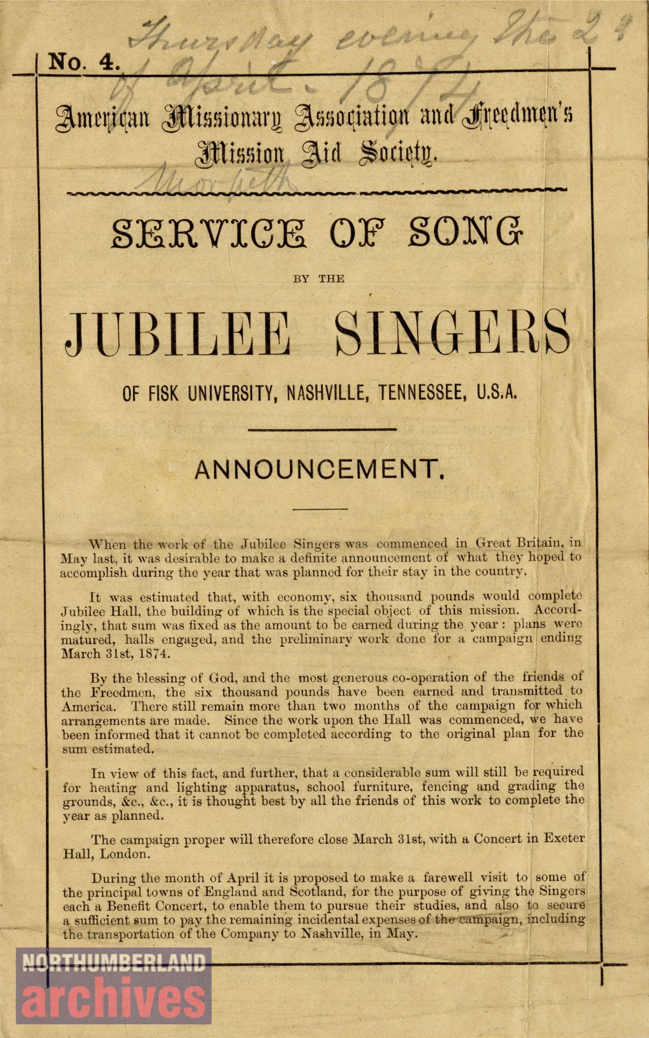 Fisk Jubilee Singers programme Morpeth April 1874