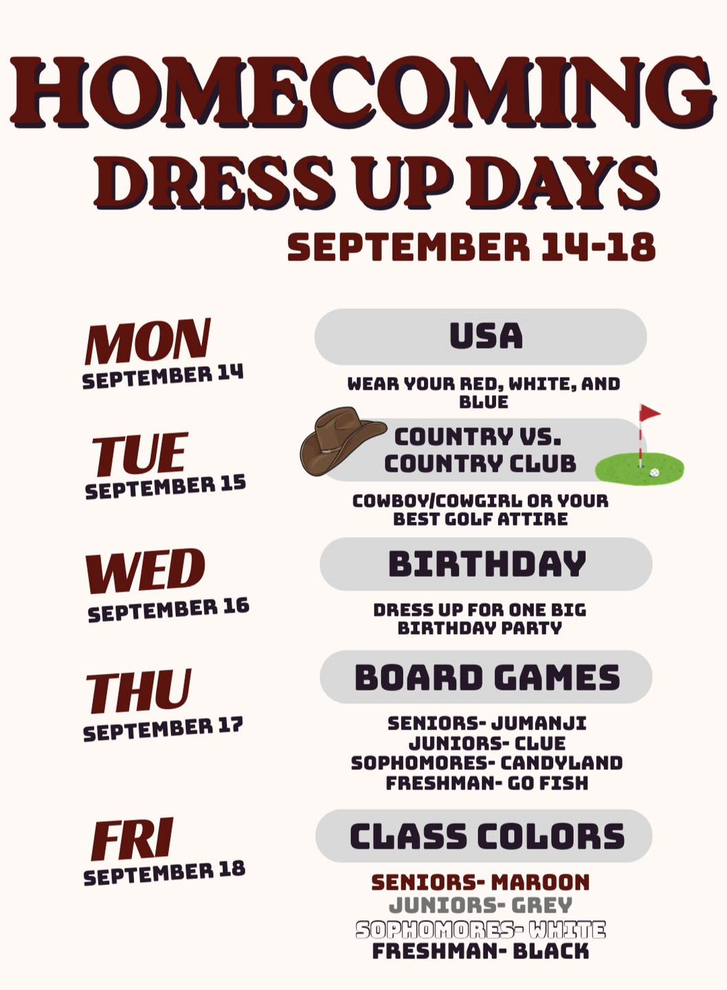 Loyal School District homecoming dress-up days September 14-18