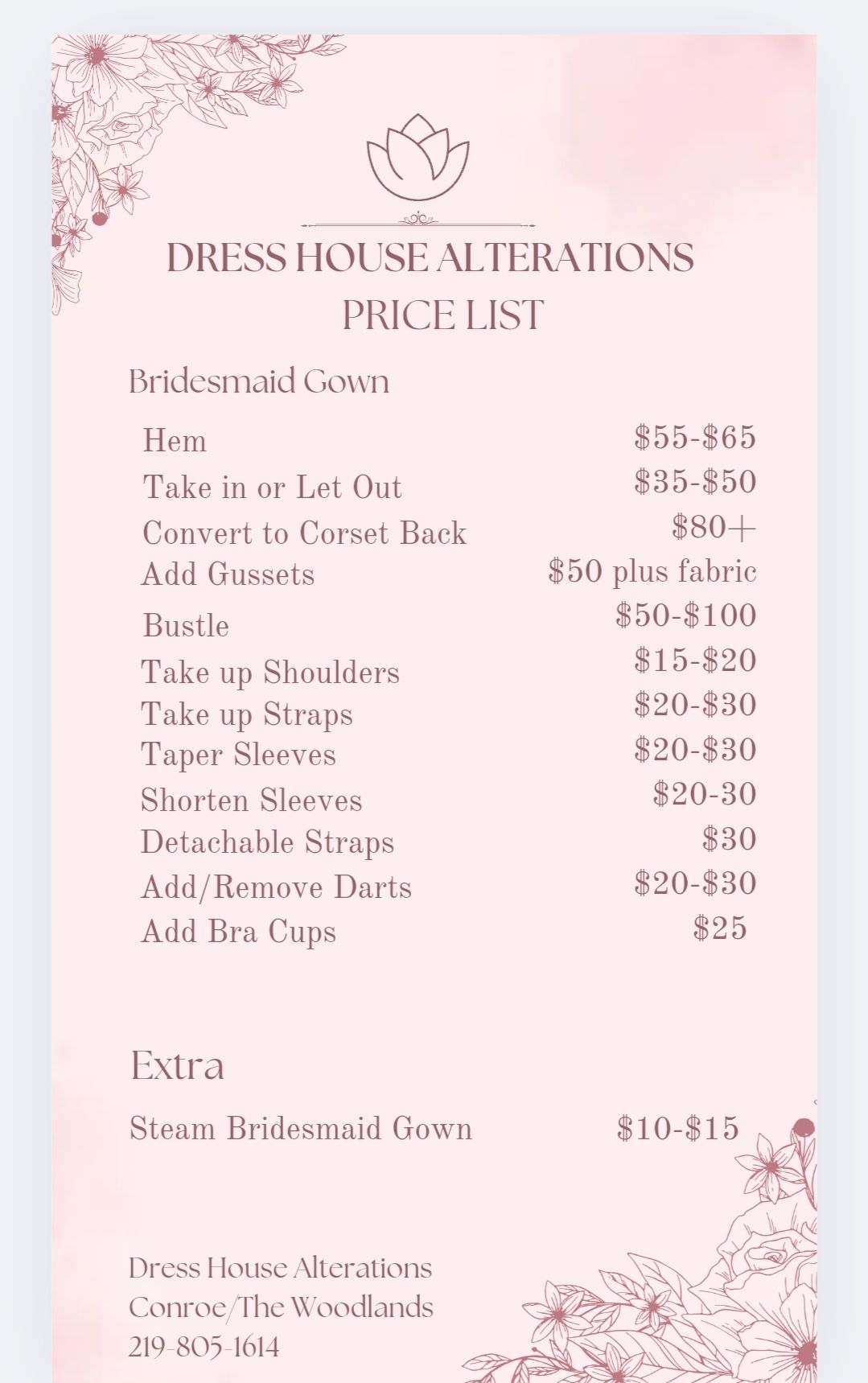 bridesmaid dress alterations price list House alterations price list 2023