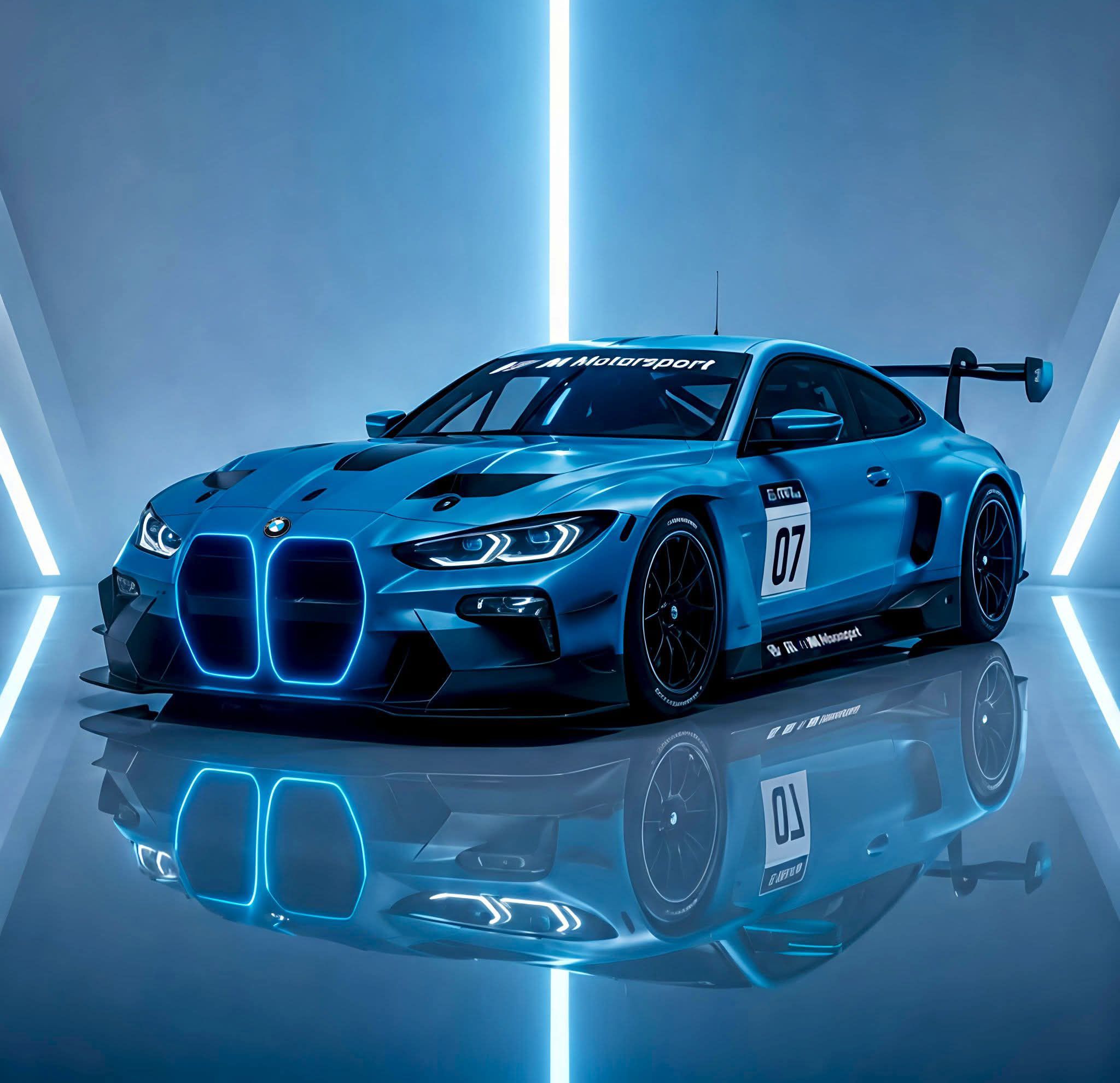 BMW M4 GT3 race car in futuristic studio with blue lighting