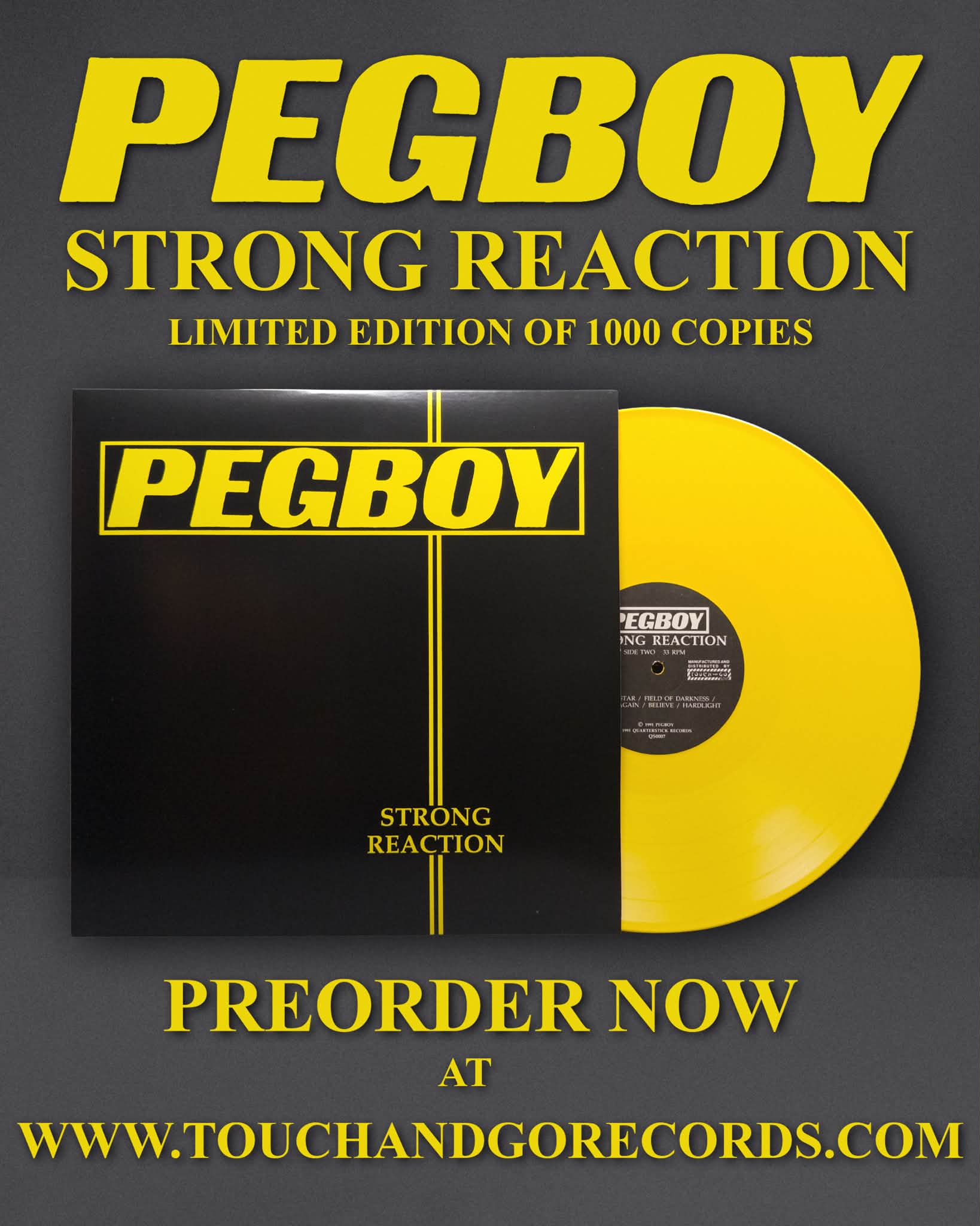 A limited edition yellow vinyl pressing of Pegboy's Strong