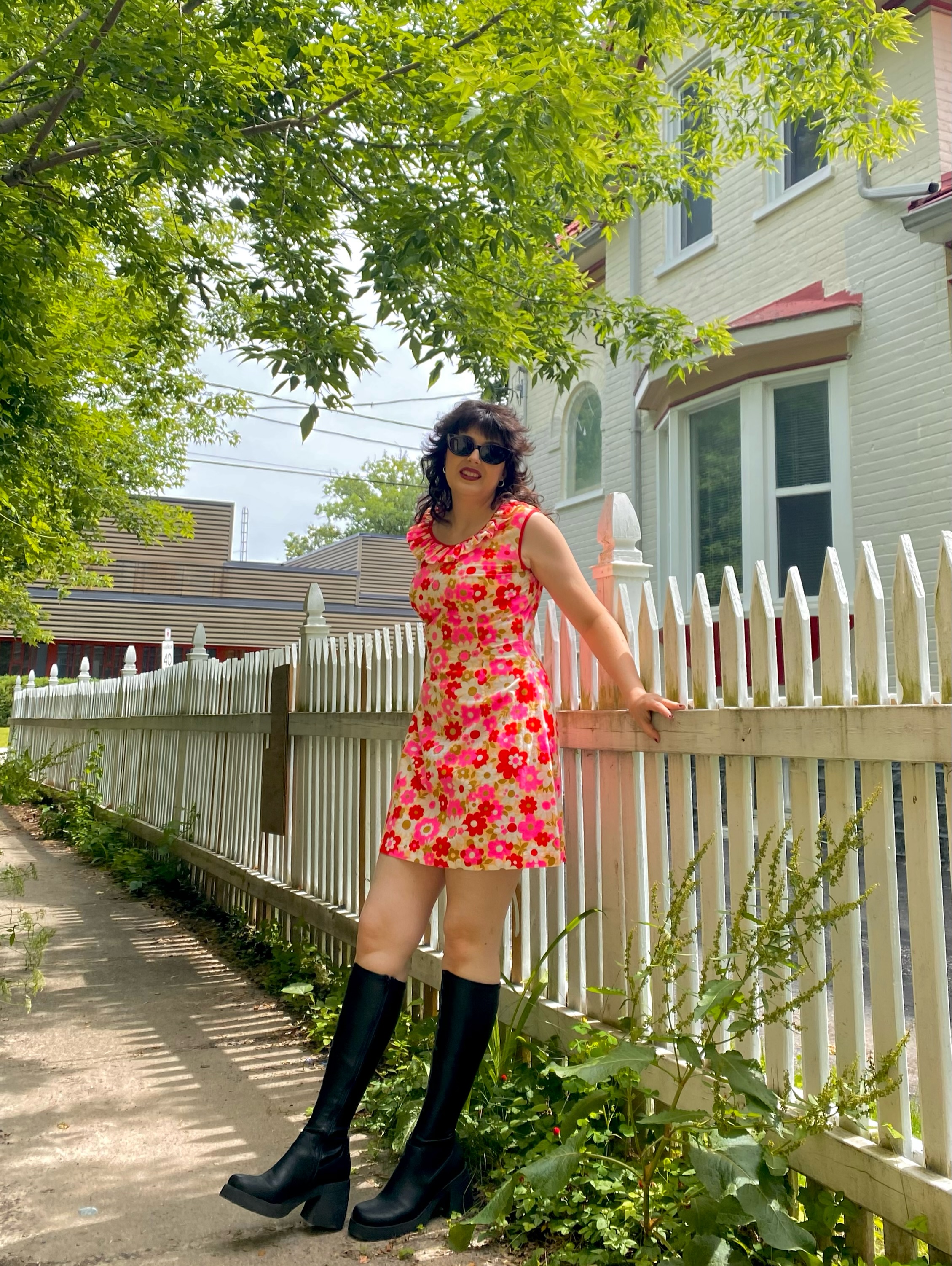 mini dresses 60s Floral Dress and flattering waist tie. White Tiger Vintage Boutique 60s
