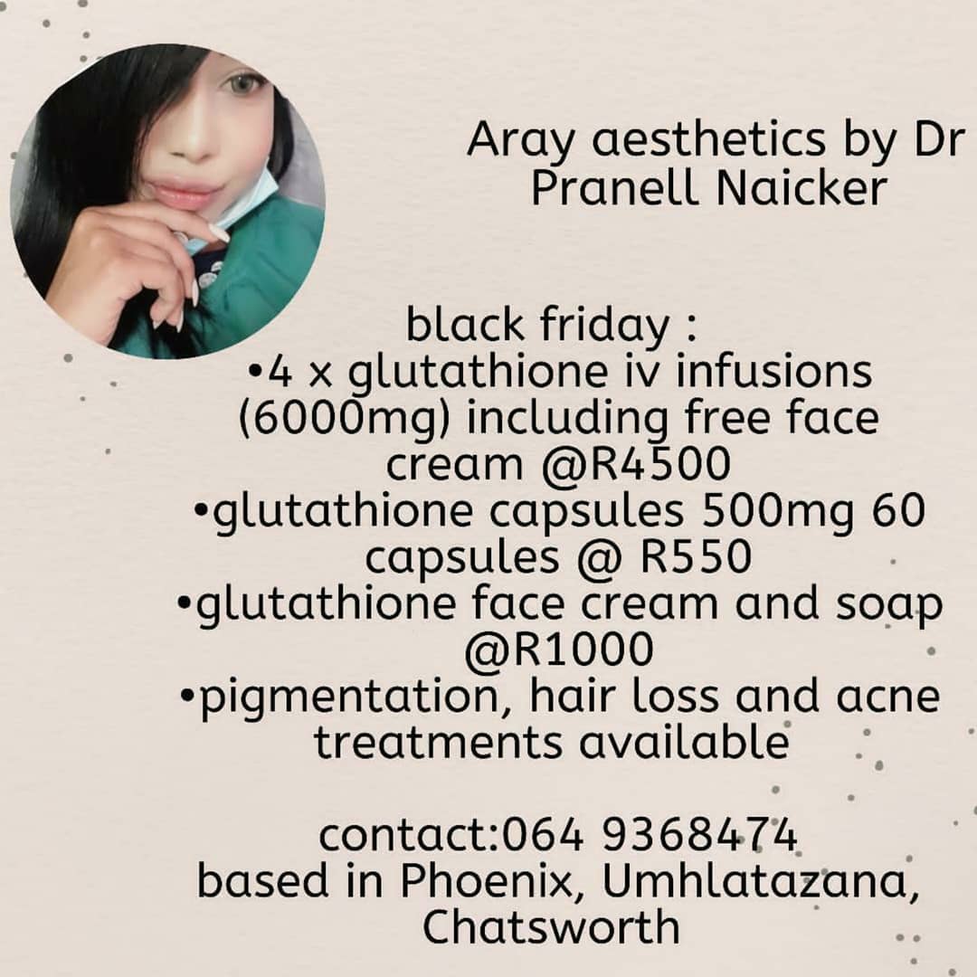 Contact @drpranell Dental surgeon and Medical aesthetics. Check out these Glutathione specials. Branches are listed on the poster. #ad #aesthetics #medicalaesthetics #glutathione #glutathioneiv #pigmentation #acne #hairloss #hairlosstreatment 