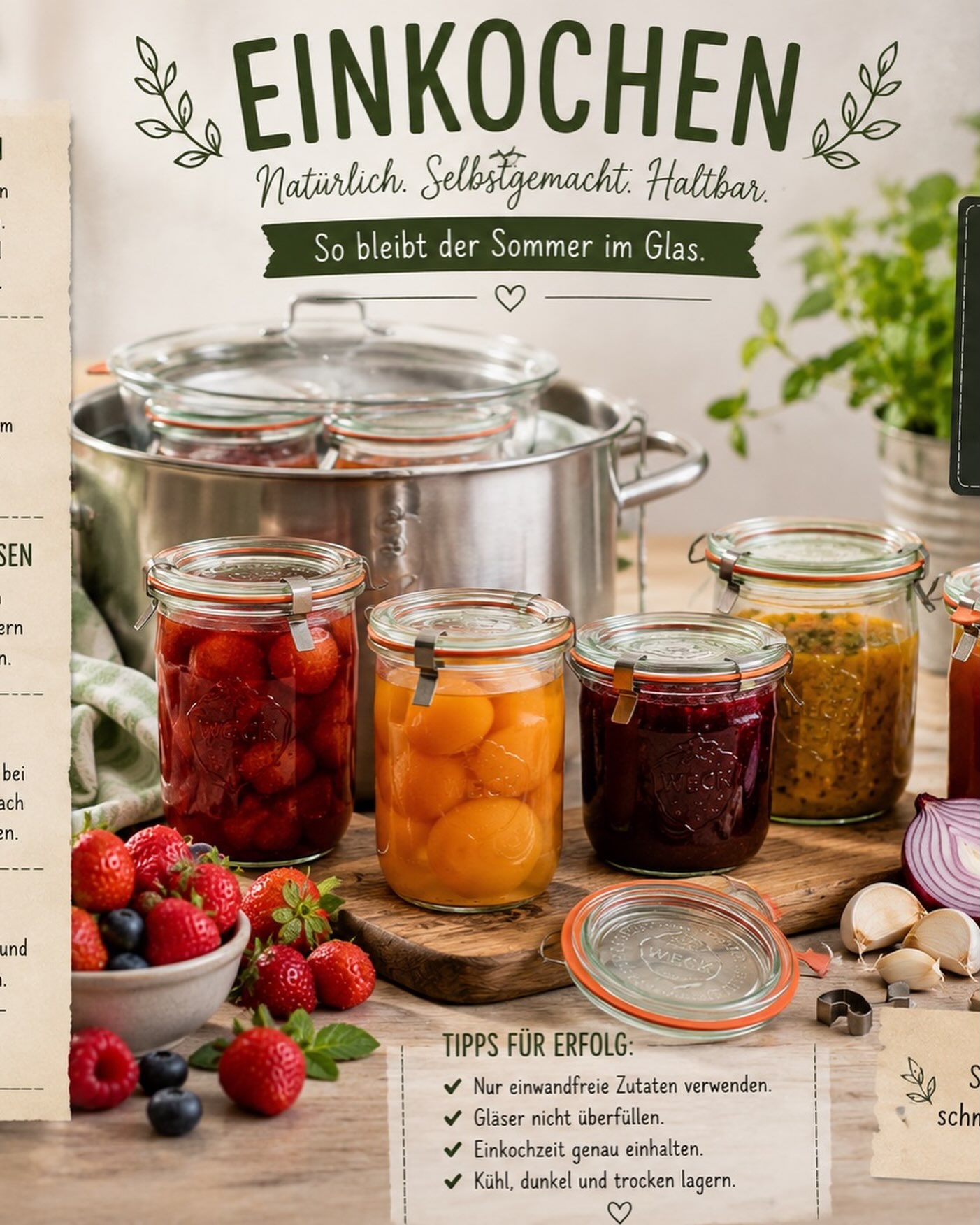 Einkochen—den Sommer im Glas behalten 🍓 Wenn Obst und Gemüse Saison haben,ist genau der richtige Moment zum Einkochen. So kannst du den Geschmack sonniger Tage noch lange genießen —ganz selbstgemacht🍑🍒🍐 Wir haben
