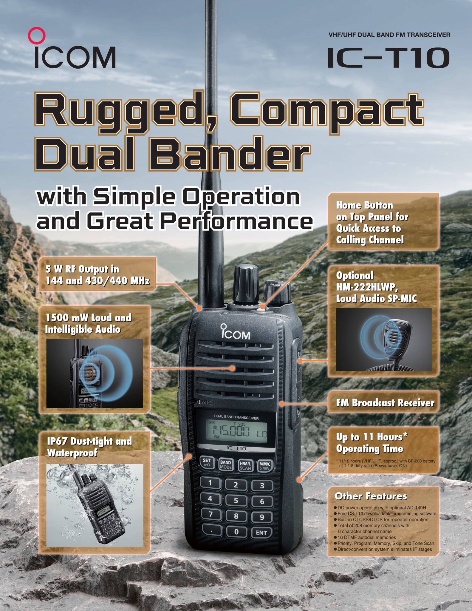 The Icom IC-T10 is a rugged, compact dual-band VHF/UHF amateur