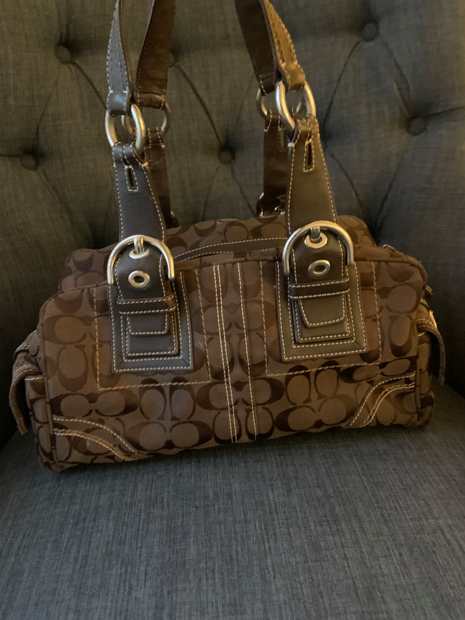 Authentic COACH Brown Jacquard Mia Signature Satchel Handbag Purse 