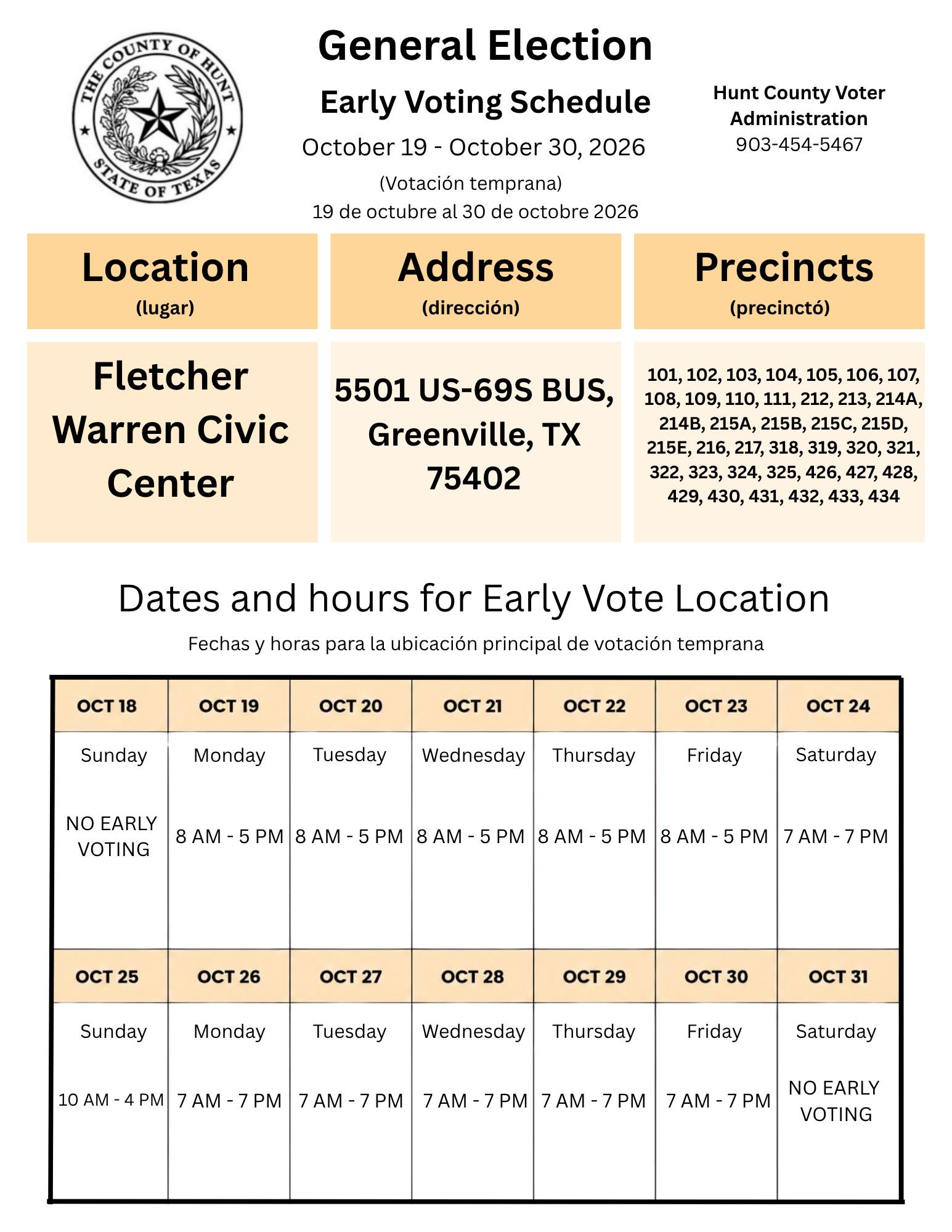 November 3rd General Election Early Voting - Hunt County