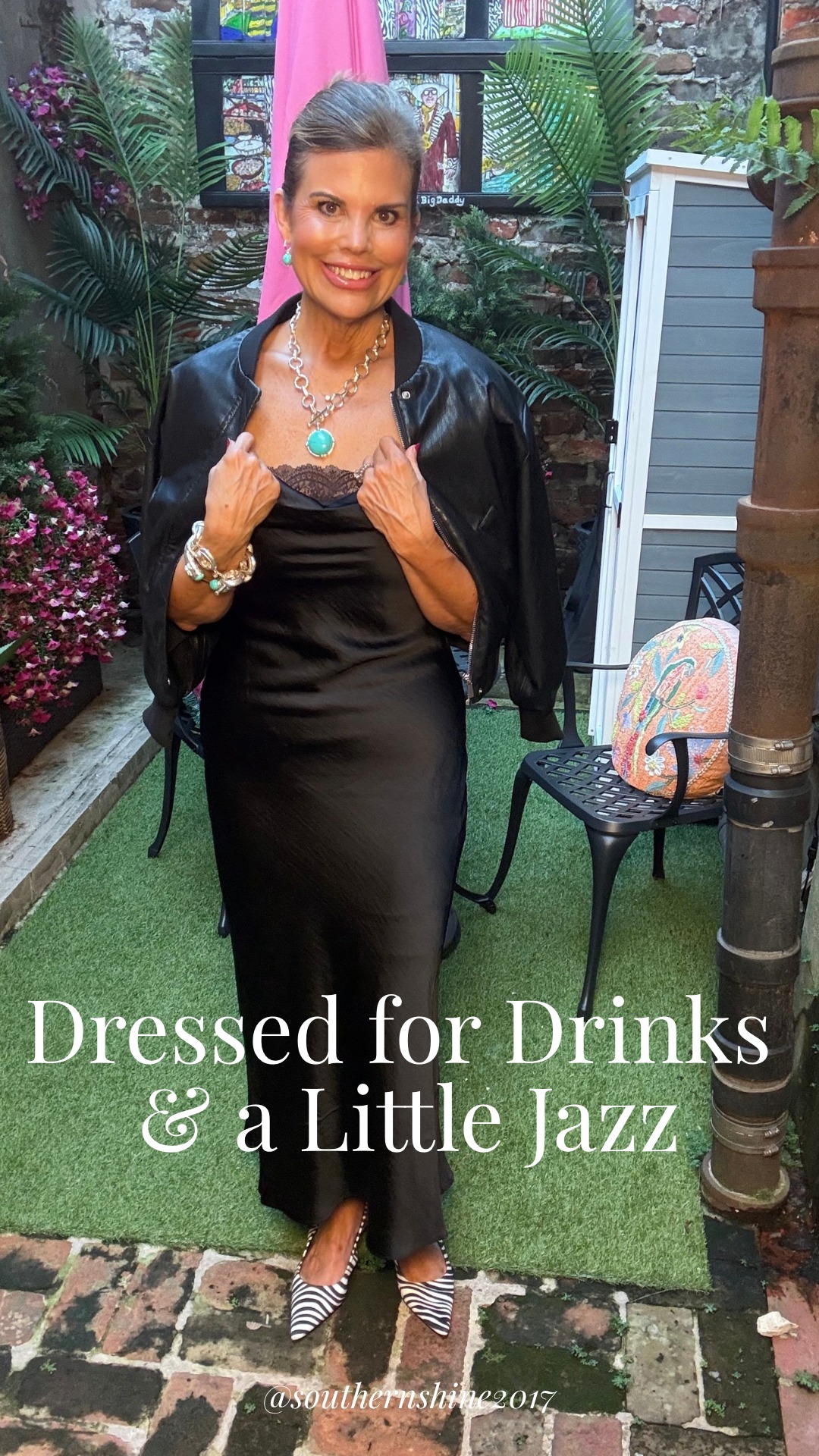 Fun night out outfit with black slip dress and zebra shoes