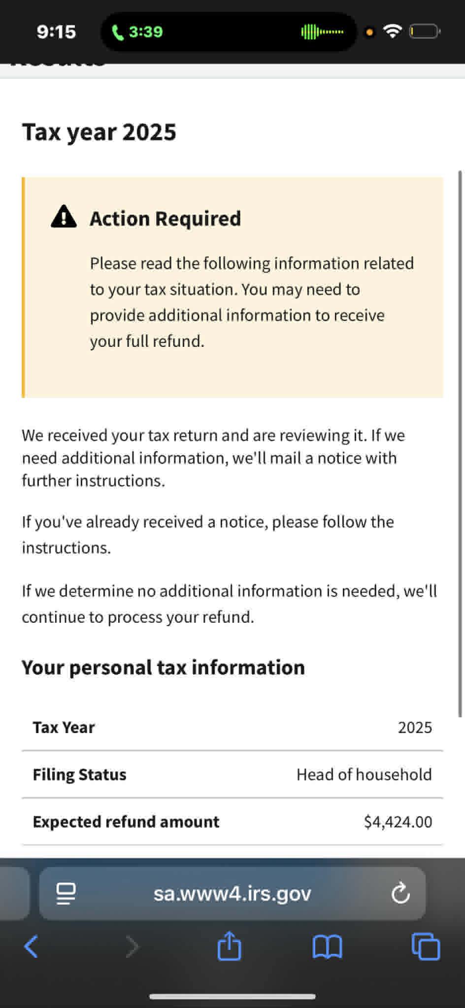 What does the tax refund status message mean?